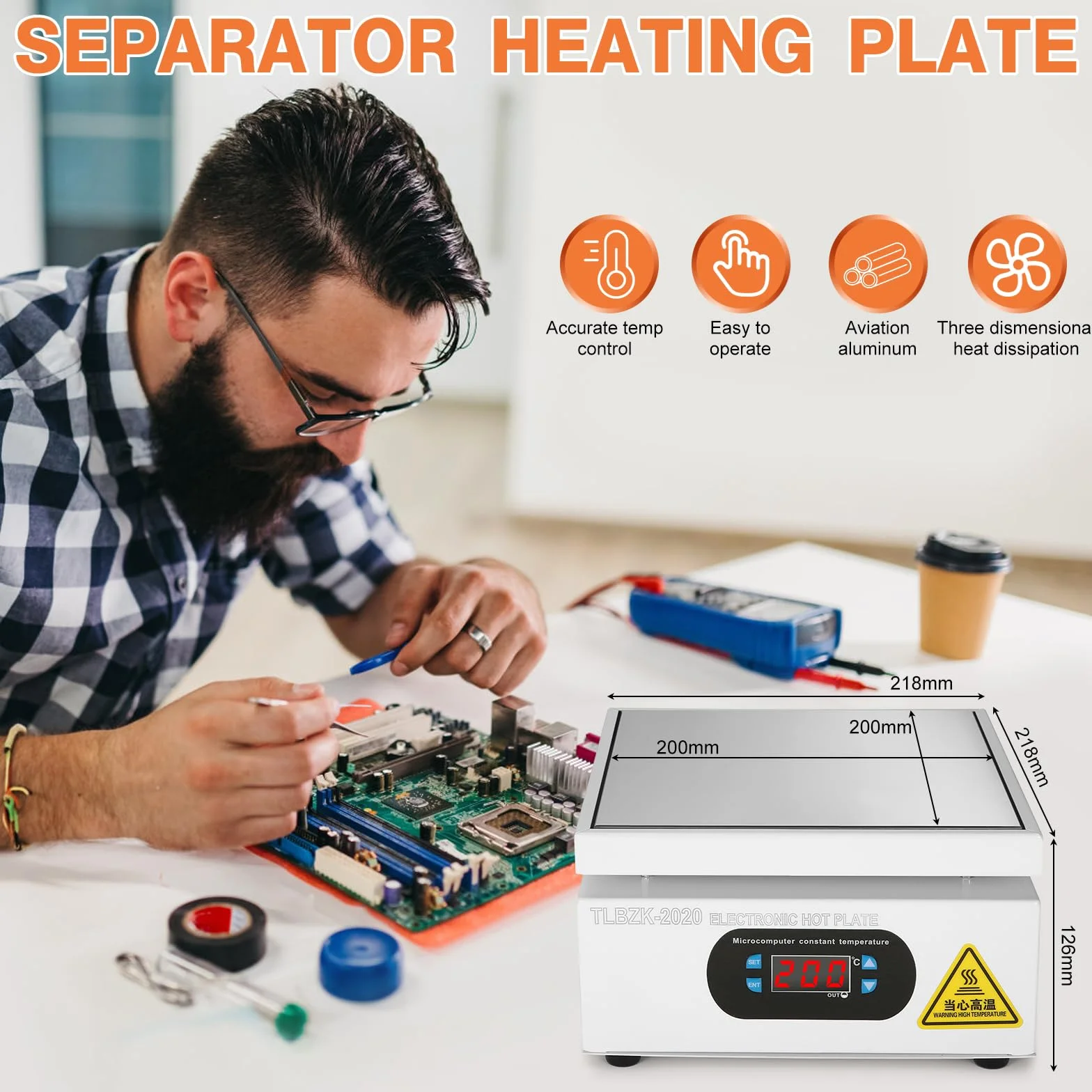 700W 220V Estación de Soldadura Placa Calefactora, LED Microordenador Precalentador Eléctrico para Laboratorio (200X200mm)