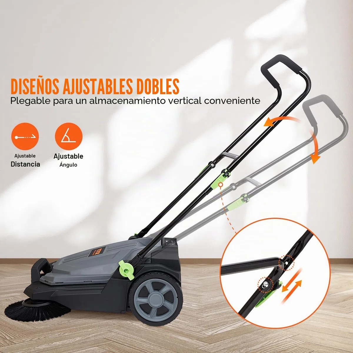 VEVOR Barredora de Suelo de Empuje, Barredora Mecánica, Ancho de Barrido 65 cm, Escoba Manual, Contenedor de Residuos 18.9 L, Mango Plegable Ajustable en Ángulo y Altura, para Jardines, Garajes
