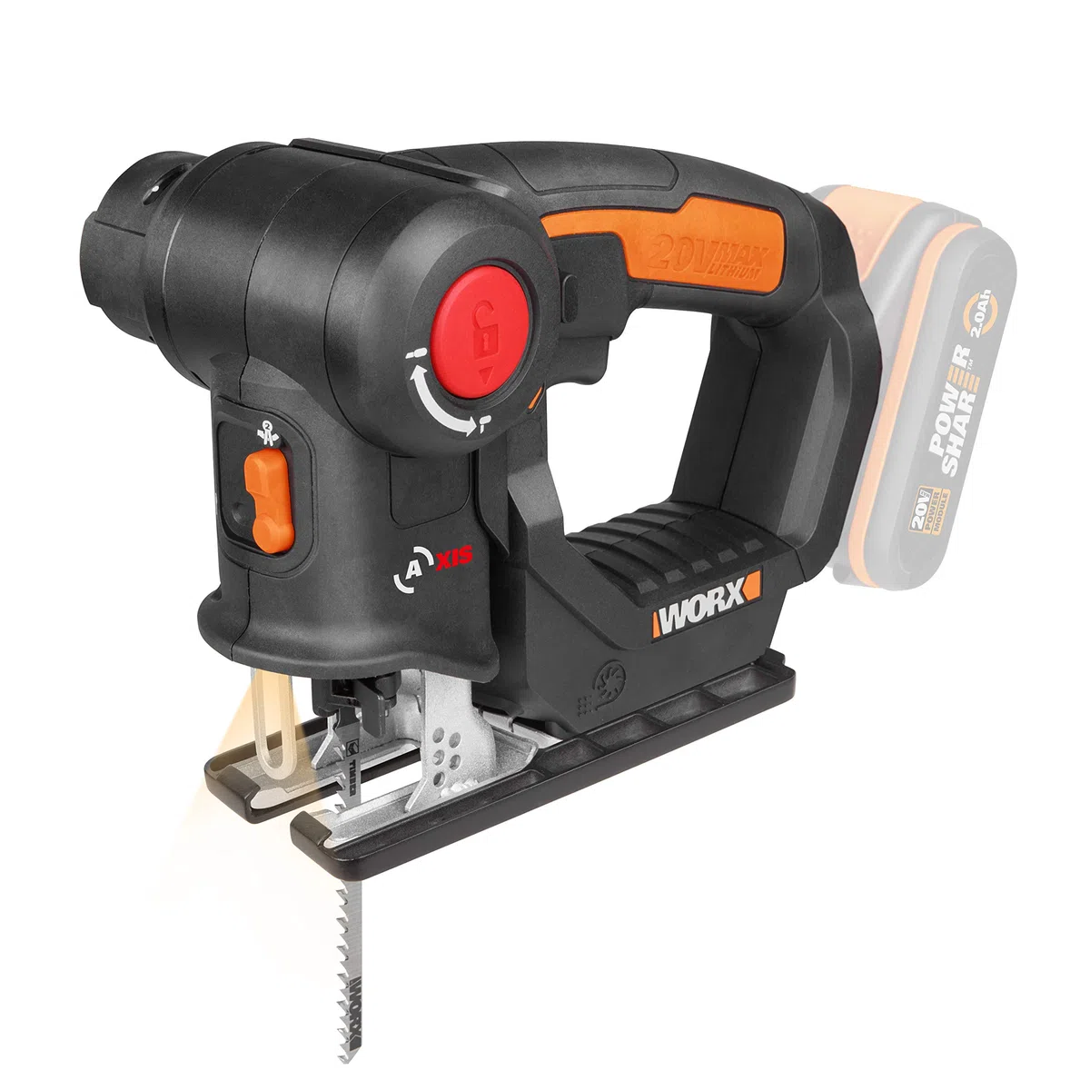 WORX WX550.9 Sierra Calar y Sable AXIS 2 en 1 20V Sin Batería, Cambio Rápido de Hoja, Movimiento Pendular, Soplador, Doble Encendido, LED