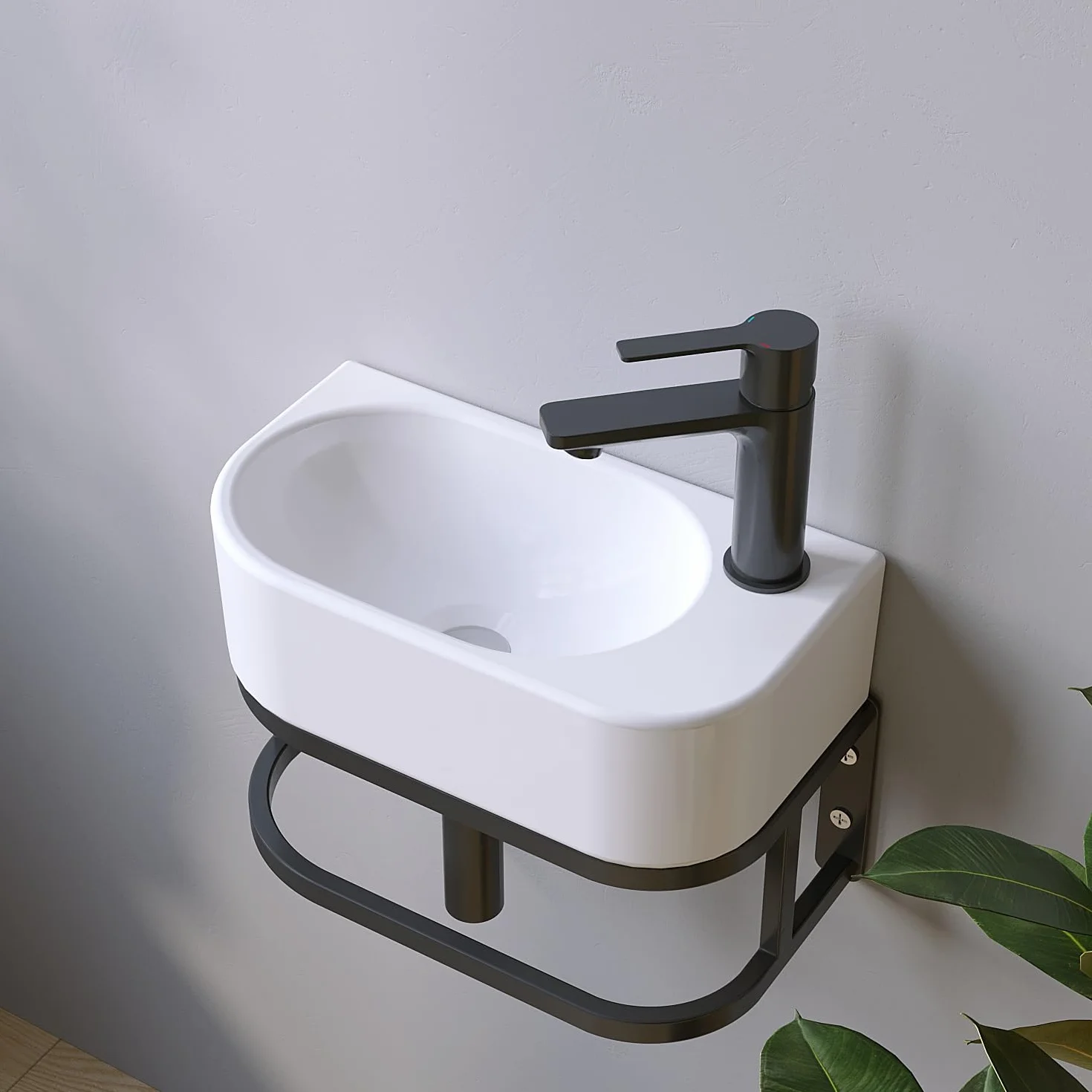 Lavabo de cerámica para lavabo, pequeño, ovalado, 40 x 21 cm, para cuarto de baño, para invitados, orificio para grifo a la derecha con tornillos de bastón, sin rebosadero, sin grifo, sin válvula de