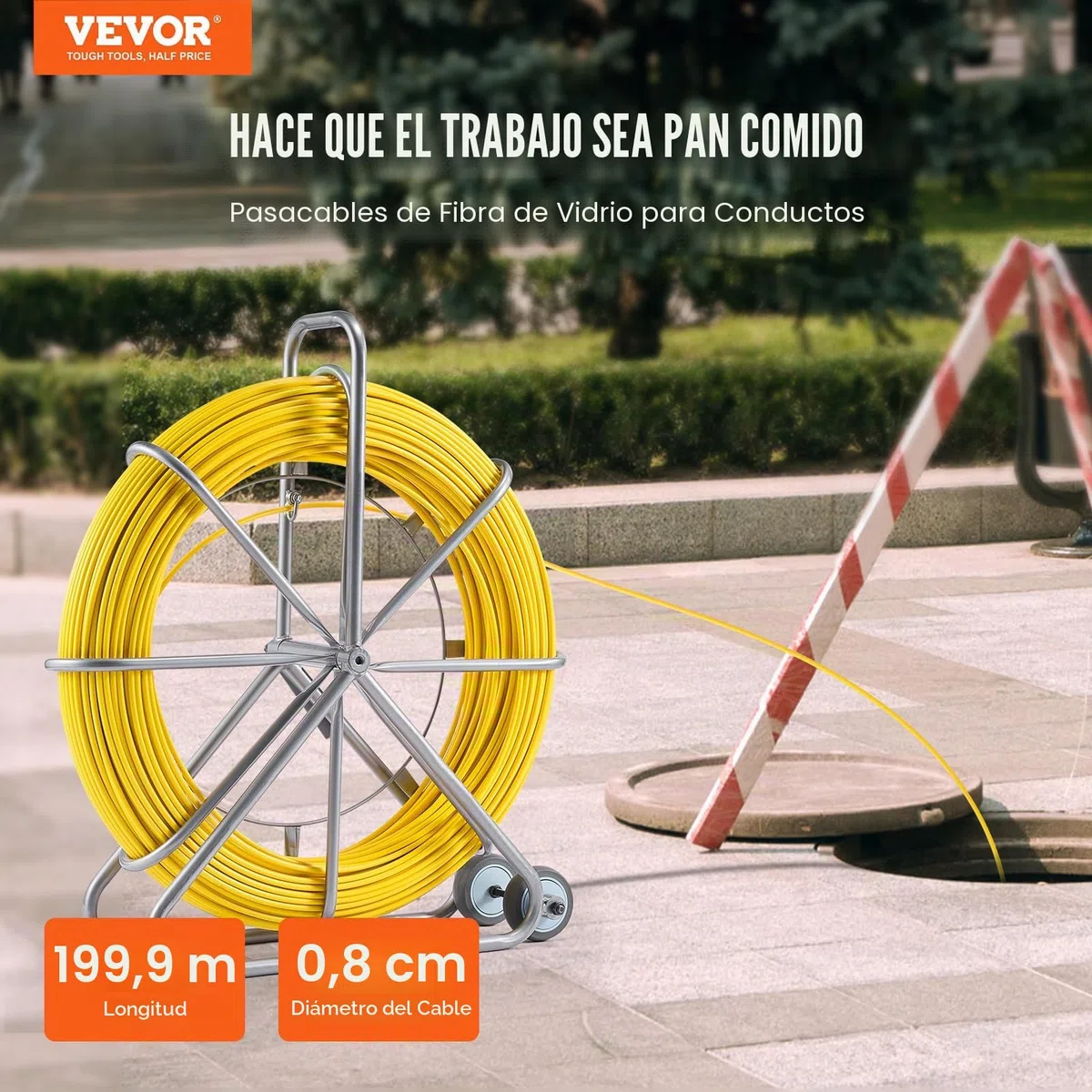 VEVOR Cinta de Pescado de Fibra de Vidrio de 200,09m Diámetro de 7,94mm Extractor de Cables con Varilla para Pasar Cables, Soporte de Carrete de Acero, 3 Cabezales de Extracción, Herramientas de Pesca