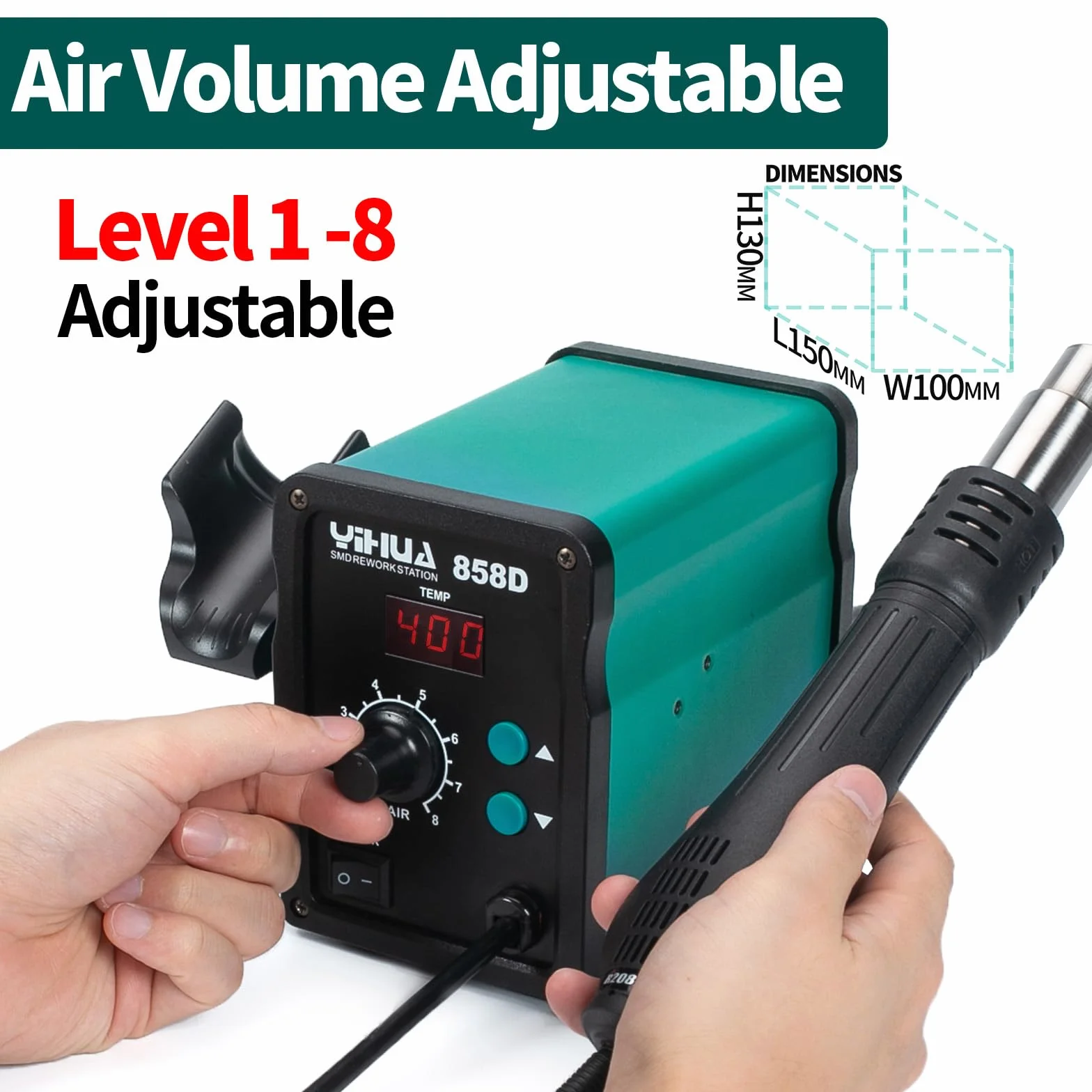 YIHUA 858D estacion soldadura aire caliente SMD desoldadura estacion de calor de 700W con temperatura y volumen de aire ajustable, control de temperatura PID, función de inicio/parada auto EU plug