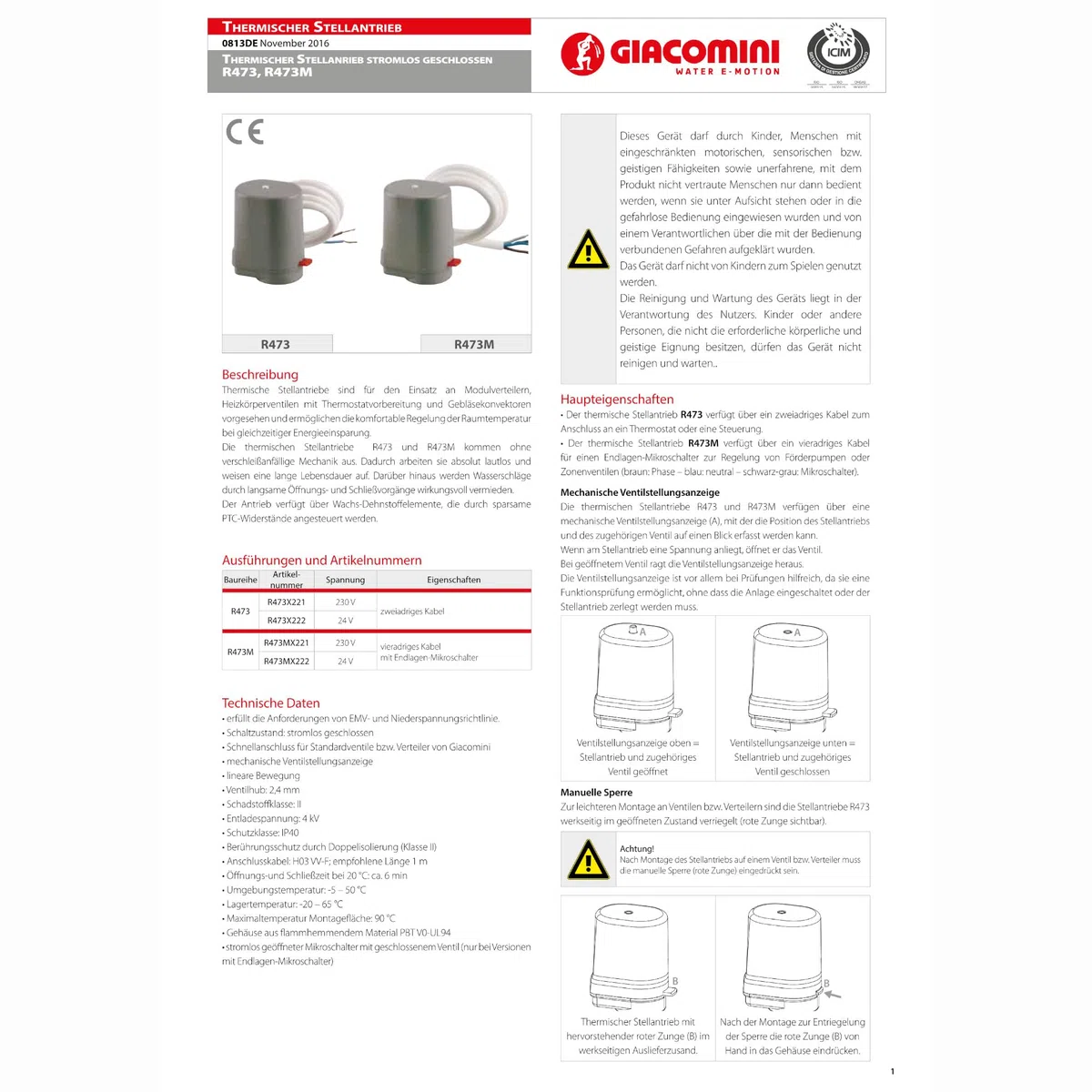 Giacomini Actuador térmico, 24V NC, R473, R473X222