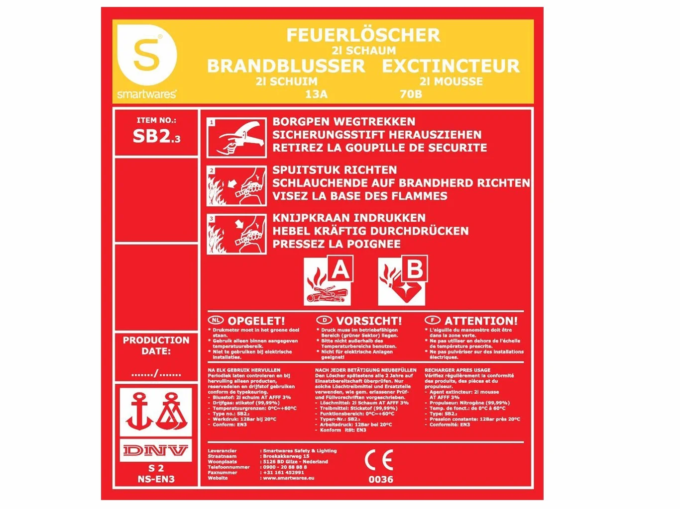 SMARTWARES Juego de 2 prácticos extintores de espuma, 2 litros, clase A y B, antiincendios, SB2SW