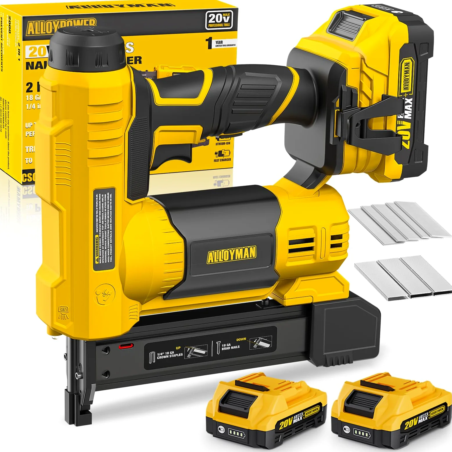 Alloyman 20V MAX Pistola de Clavos y Grapadora Eléctrica Inalámbrica 2 en 1, Clavadora 18GA con Batería 2,0Ah y Cargador, Incluye 1000 Clavos y 500 Grapas, para Bricolaje y Carpintería