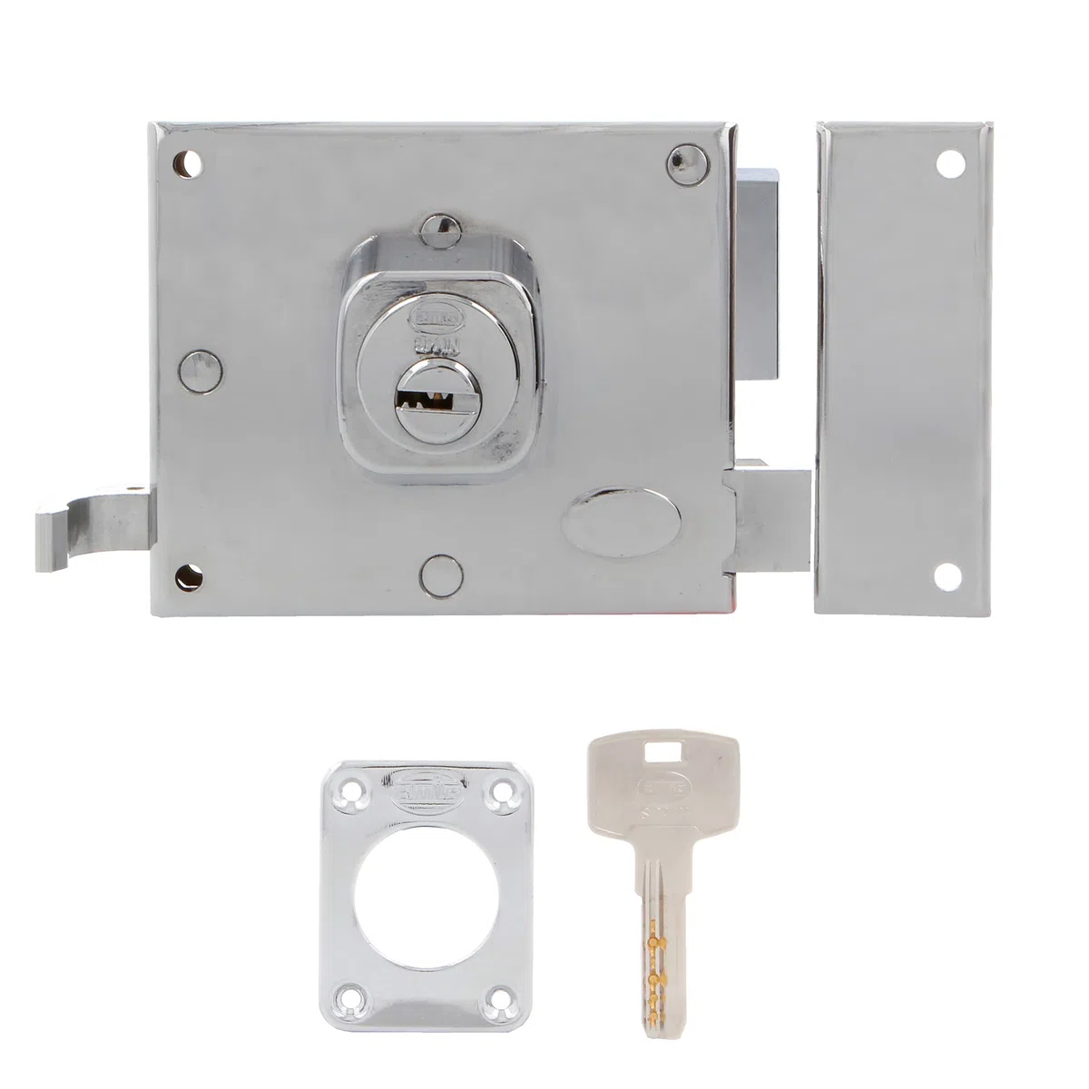Amig - Cerradura de Sobreponer de Derecha con Palanca de Cierre, Lengüeta y Tirador para Puertas de Madera Mod. 72-100 x 85 mm - Pestillo Con Cilindro Redondo - Acero Cromado Brillo