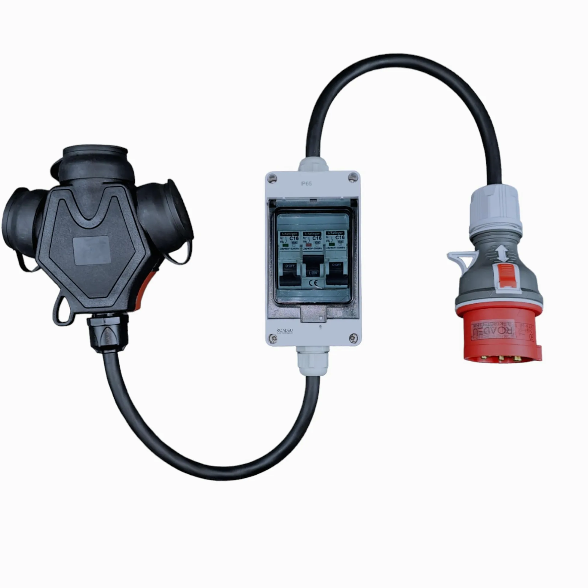 RoadEu - Adaptador de Corriente Fuerte - Conector CEE 32A - Adaptador de 380V a 220V, 3 Conectores Schuko de 220V, Caja de fusibles con 3 disyuntores de C16A