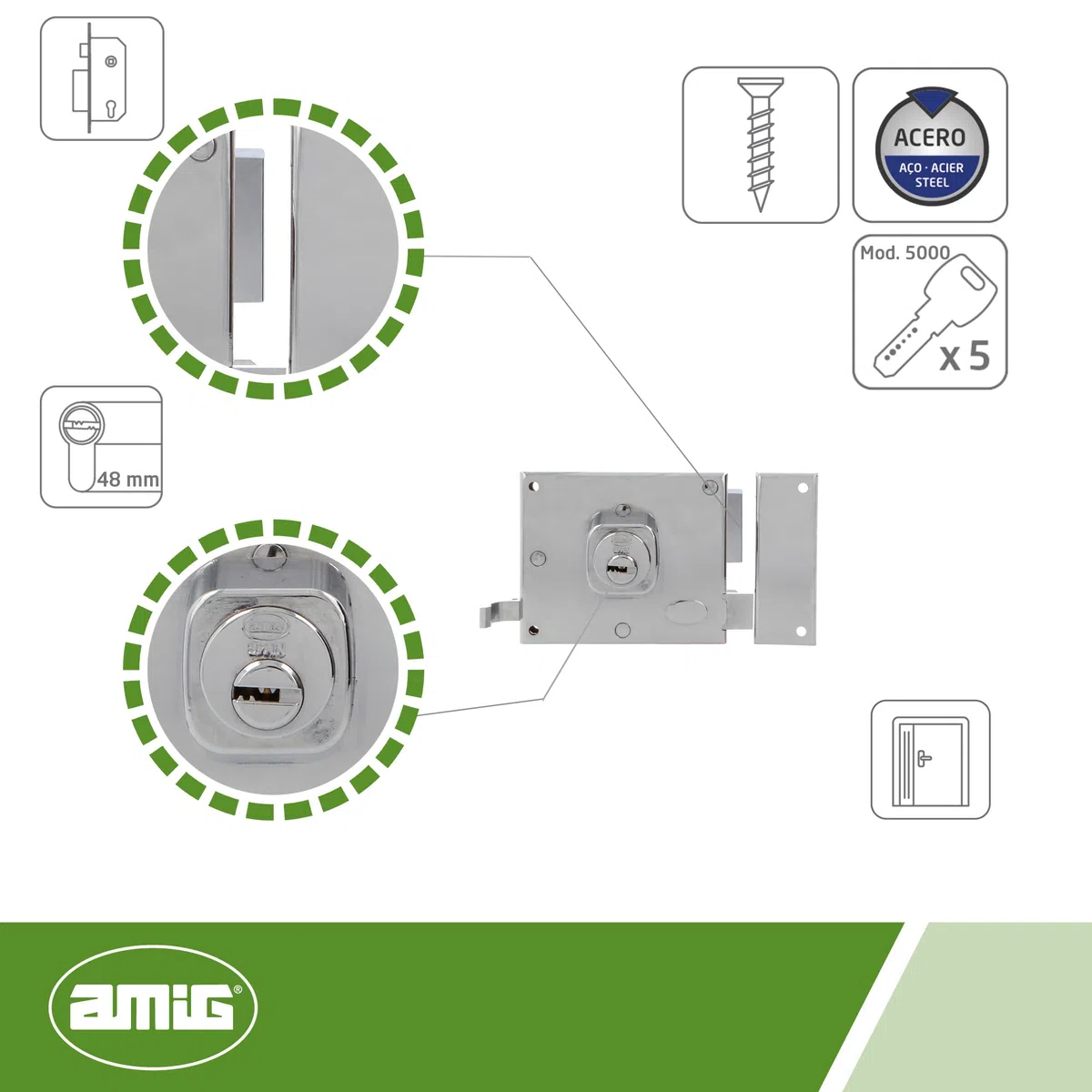 Amig - Cerradura de Sobreponer de Derecha con Palanca de Cierre, Lengüeta y Tirador para Puertas de Madera Mod. 72-100 x 85 mm - Pestillo Con Cilindro Redondo - Acero Cromado Brillo
