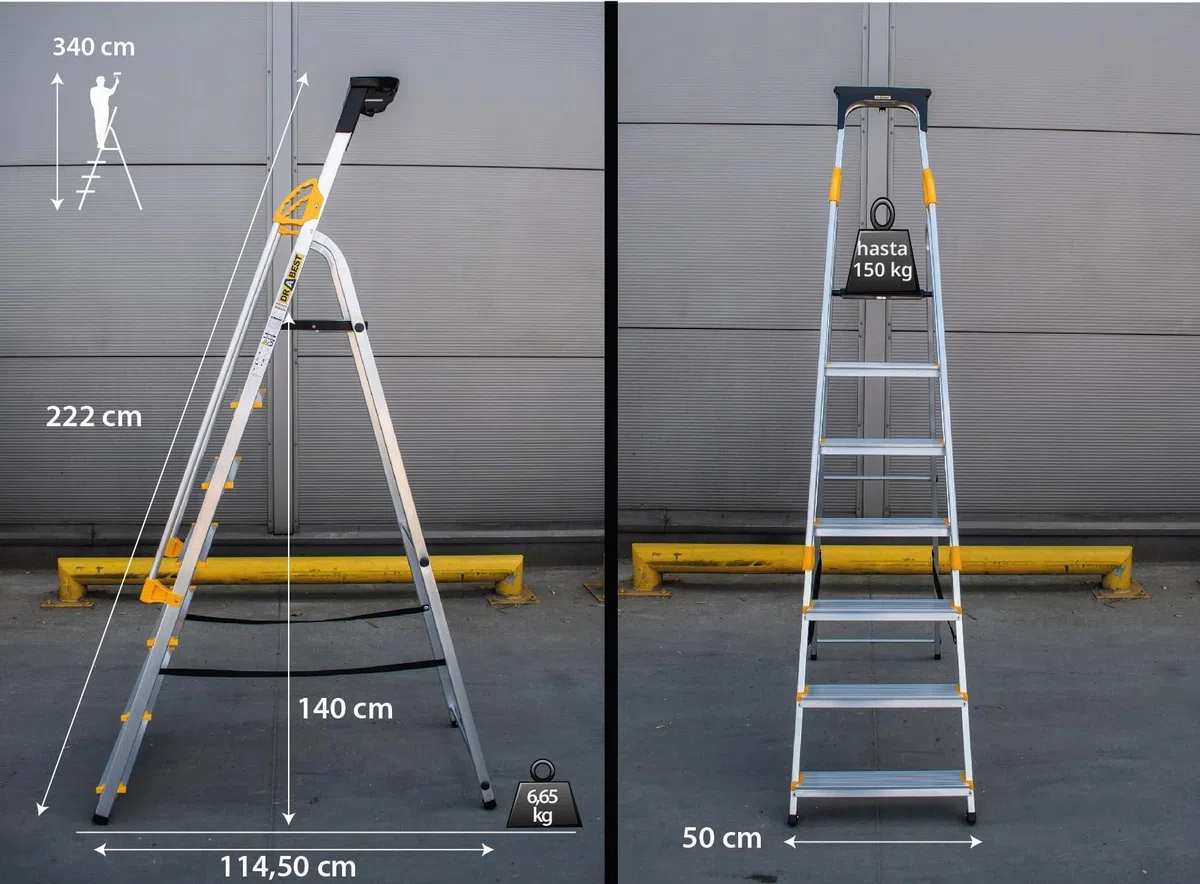 DRABEST Escalera serie PRO escalera de aluminio 7 peldaños peldaño plegable con pasamanos de seguridad Escalera de tijera cargable hasta 150 kg