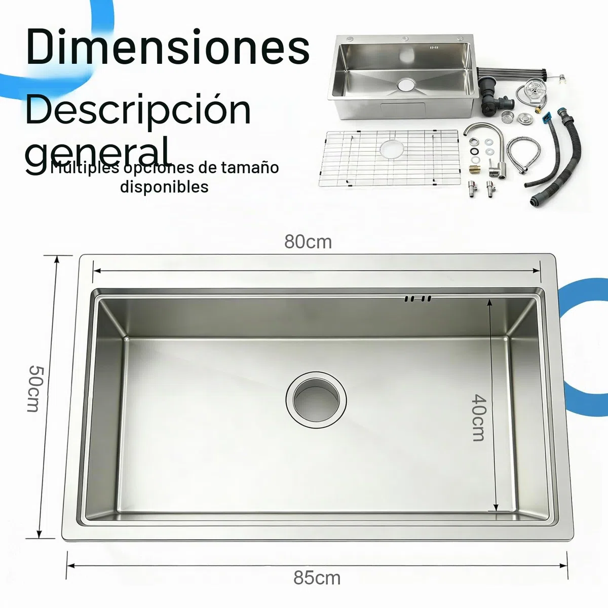 Fregadero Cocina 85x50cm, Fregadero de Cocina Acero Inoxidable 304, Multifuncional Fregadero Cocina Grande 1 Seno, con Grifo, Filtro de Drenaje, Rejilla de Fondo, Sifón y Descarga (kitchen sink)