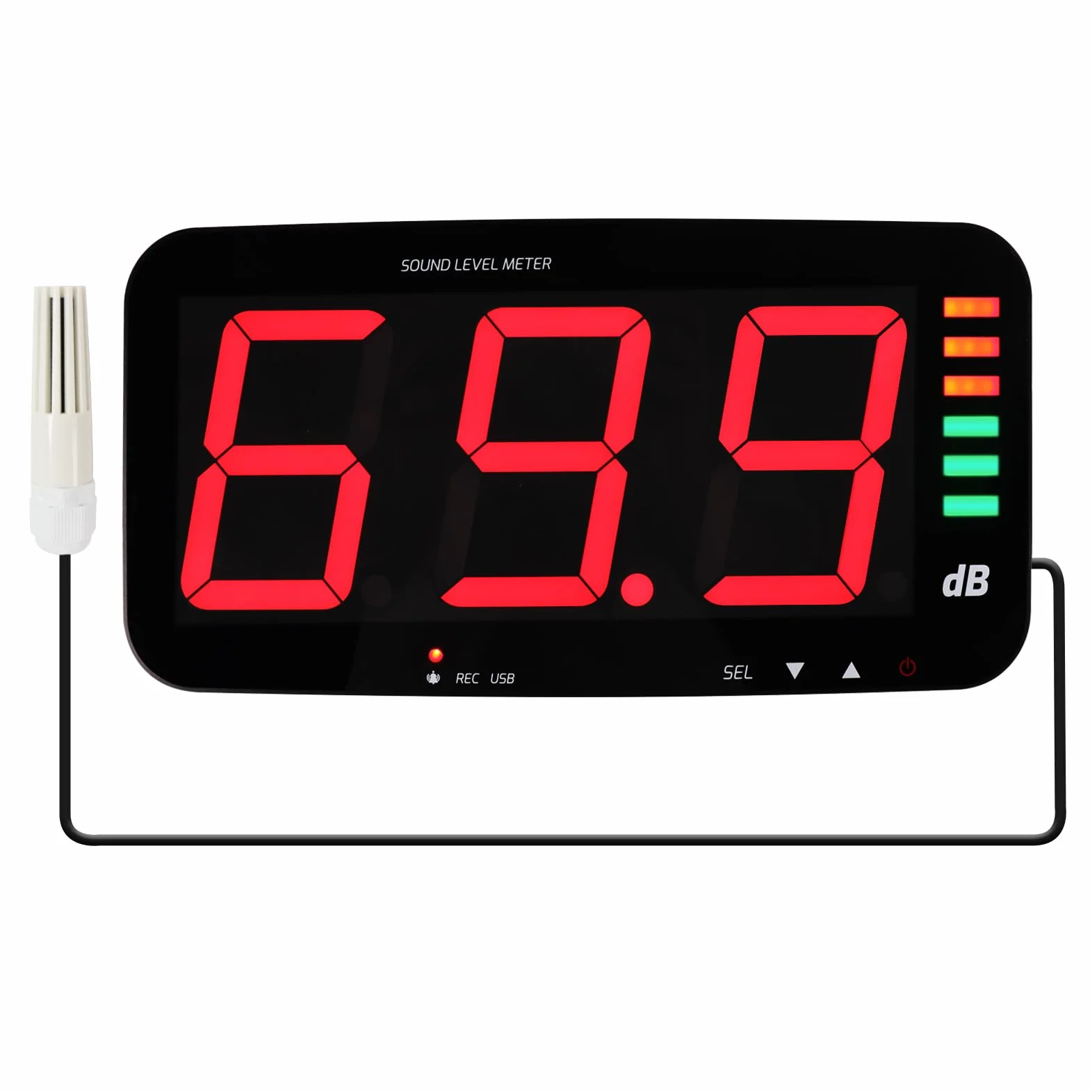 Medidor de Decibel, medidor de nivel de sonido para colgar en la pared, medidor de ruido con sensor de sonido de 16.4 pies, medidor de sonido de alarma audible y visual para monitoreo de nivel de