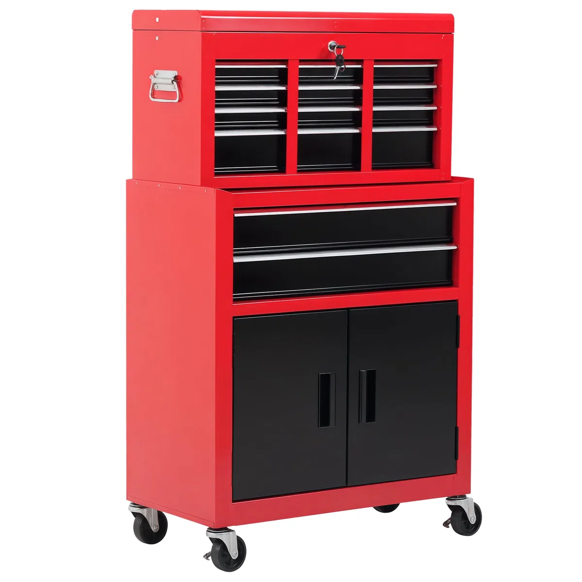 HOMCOM Carro de Herramientas con Baúl Superior, 2 en 1, Carro de Taller con 6 Cajones, Armario, Cerradura, 4 Ganchos, 2 Ruedas con Freno de Bloqueo, para Garaje, Hogar, Rojo