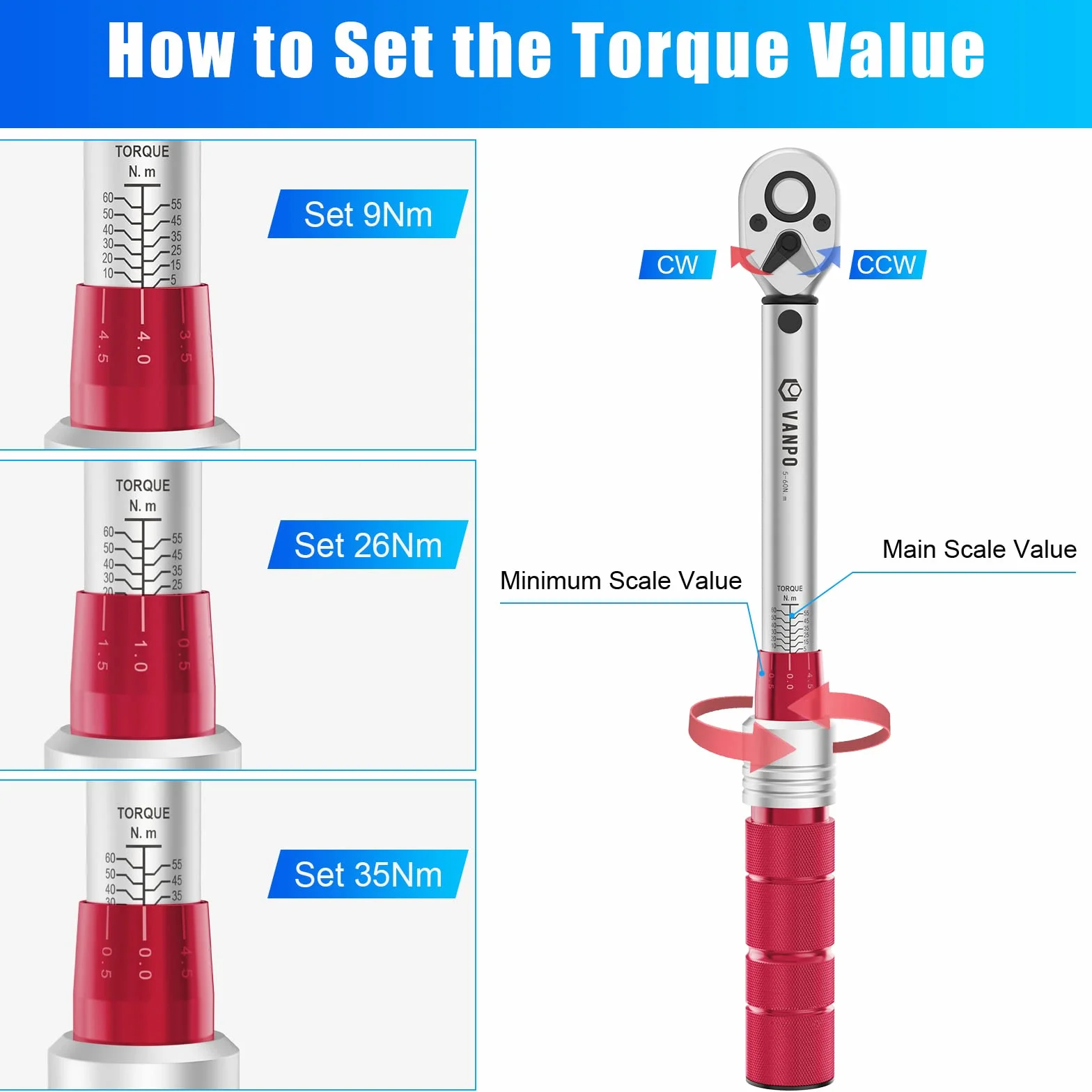 VANPO Llave Dinamométrica 3/8'', 5-60 Nm Llave de Torque, Precisión ±3%, 9 Piezas Juego Llaves Vaso con Extensión, Junta Universal, Magnética Vasos de Bujía, Bits, para Bicicleta, Moto, Coche