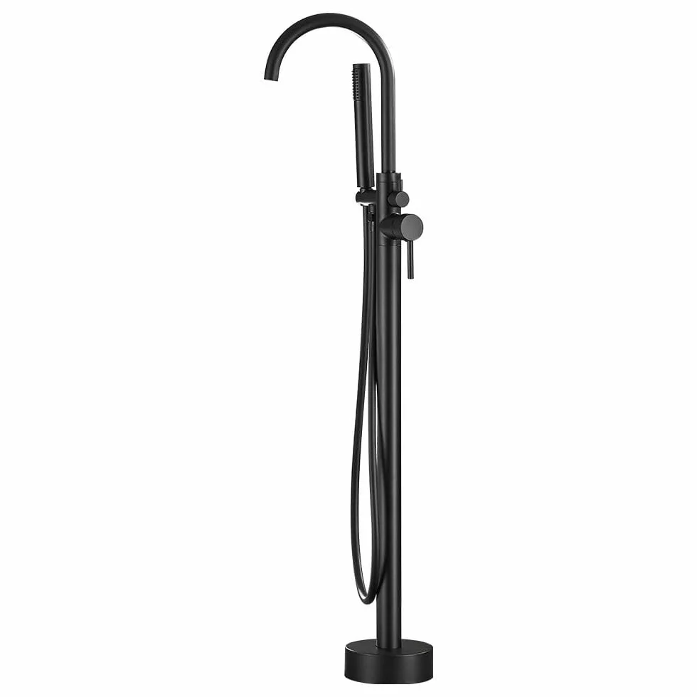 VALAZ Grifo Bañera Exenta Negro Mate | Grifo Monomando, Mezclador Agua Fría y Caliente, Ahorro de Agua | Instalación Fácil y Rápida | Inoxidable, Cuello Cisne Redondo, Serie Ebro