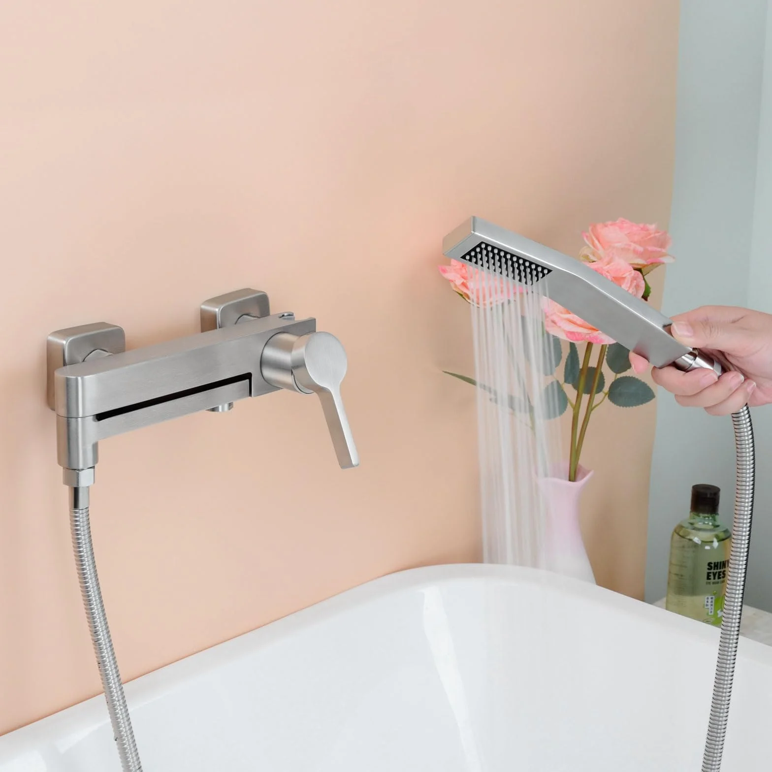 PHASAT Grifo de Bañera con Ducha de Mano, Grifo Mezclador de Bañera de Baño de Acero Inoxidable, Grifo de Pared Monomando de Ducha, Níquel cepillado PTBL17E