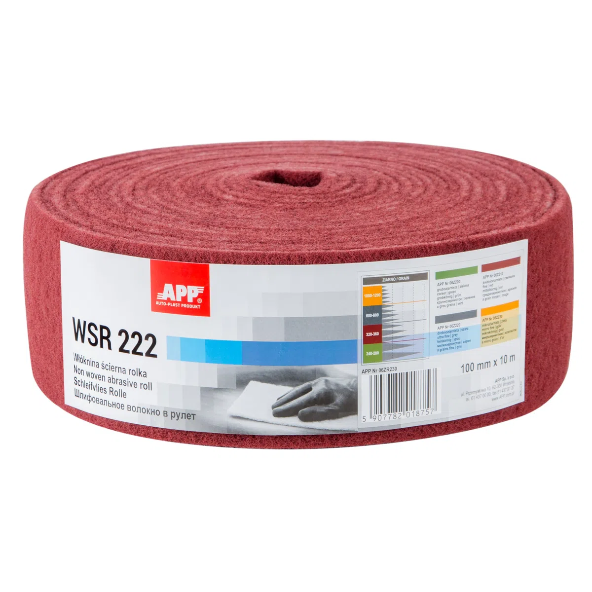 APP WSR 222 Rollo estropajo abrasivo, 100 mm x 10 m, rojo | Abrasivo de vellón grano grueso 320-360 para lijar madera, metal y acero inoxidable