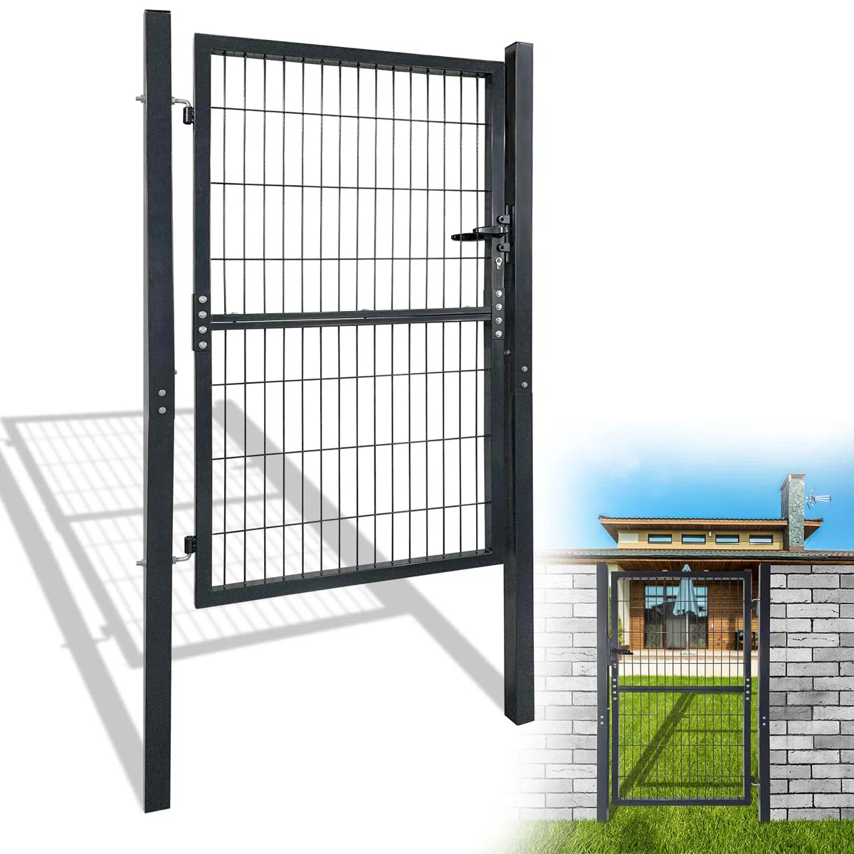 YRHome 150 x 100 cm puerta de jardín puerta de jardín puerta de valla puerta de hierro corrugado antracita puerta abatible de jardín que incluye manija de puerta de cerradura y llaves