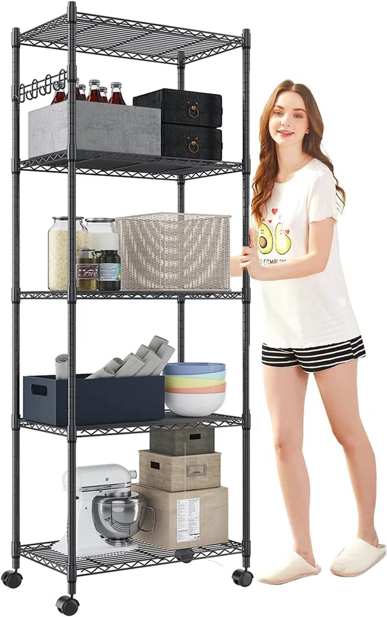 Devo Estantería de 5 Pisos con Ruedas, Altura Ajustable, con Ruedas, con Ganchos para baño, Cocina, Color Negro, 36 cm x 61 cm x 180 cm