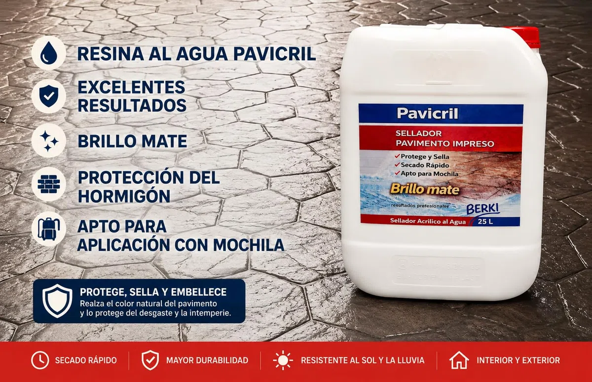 BERKI - Resina para Pavimento Impreso al Agua Pavicril 25 Litros, Sellador Hormigón, Barniz para Pavimento, Protección del Suelo. Brillo Mate, Somos Fabricantes.