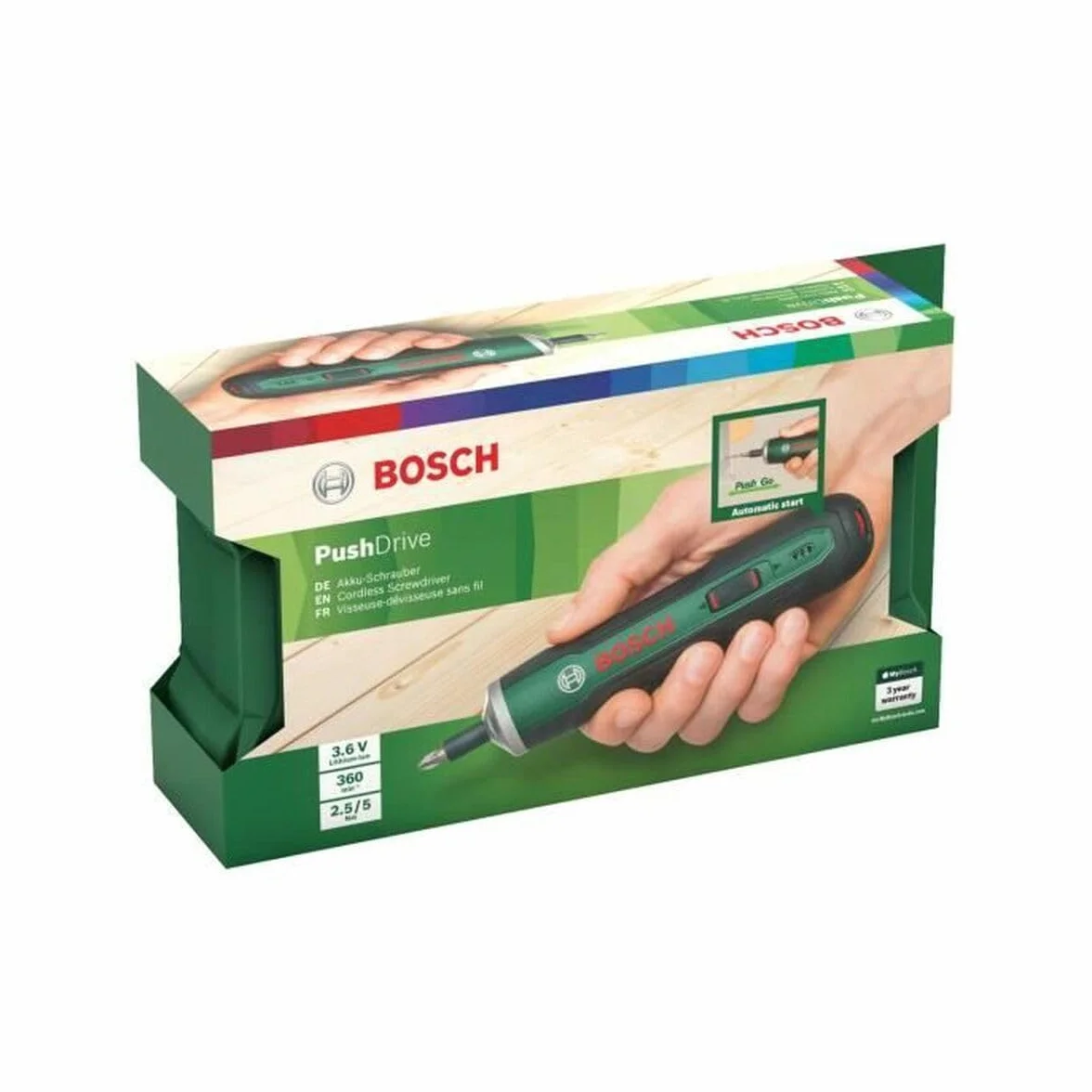 Bosch atornillador a batería PushDrive (3,6 V, 32 puntas de atornillar, caja de almacenamiento)
