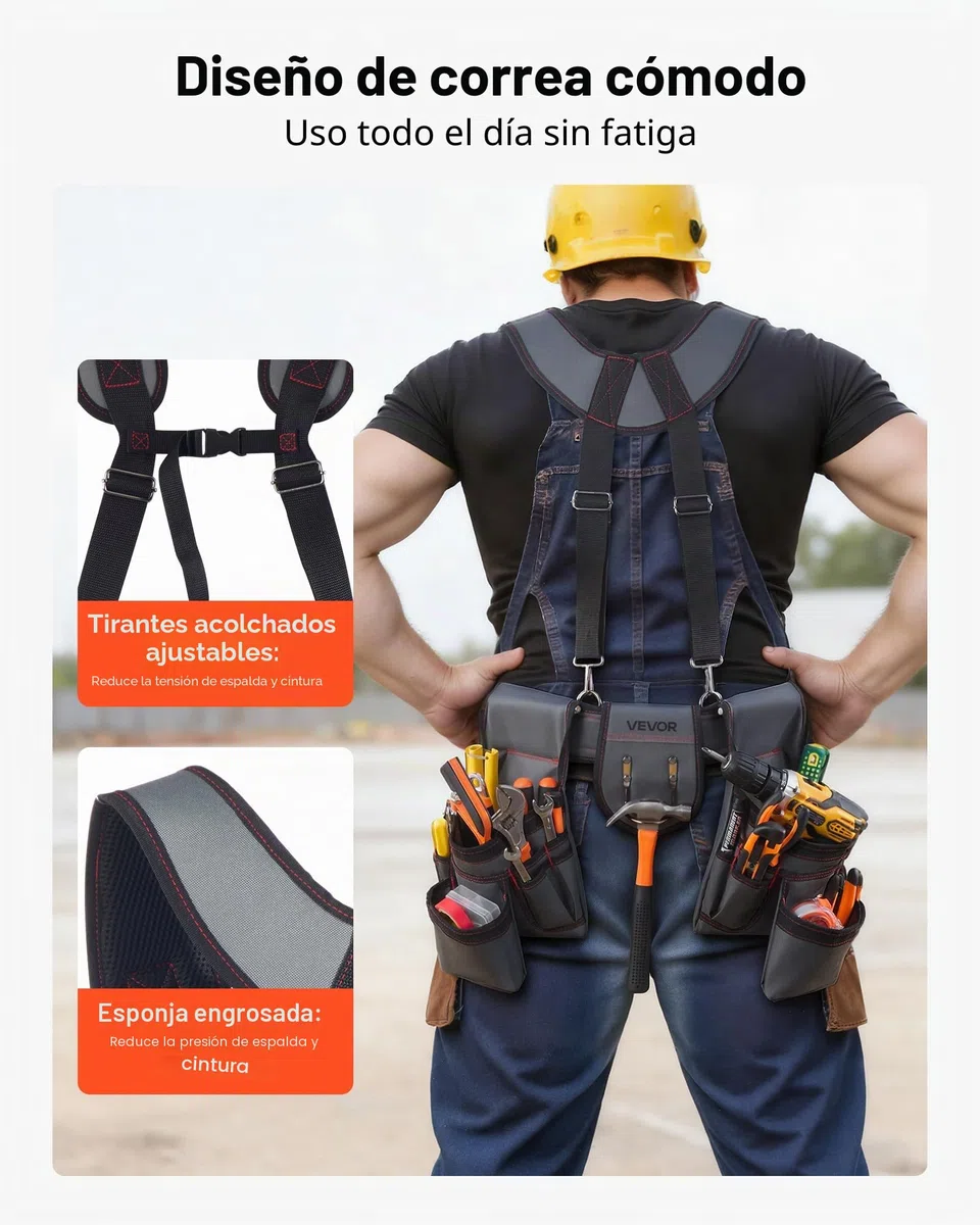 VEVOR Cinturón Portaherramientas para Profesionales, con 22 Bolsillos y Tirantes, Funda para Riñonera para Electricistas, Carpinteros y Obreros de la Construcción, Ajustable de 810 a 1730 mm