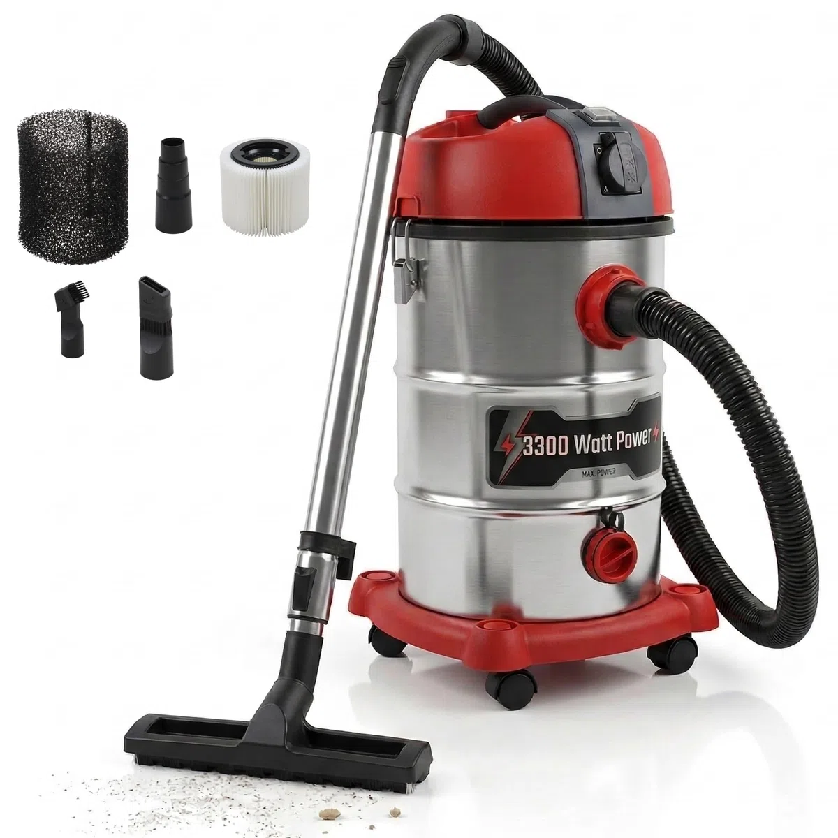 STAHLMANN VAC3300 - Aspiradora industrial en seco (depósito 30 L, enchufe integrado, 3300 W, con y sin bolsa, función de soplado, conexión a máquina, dispositivo profesional