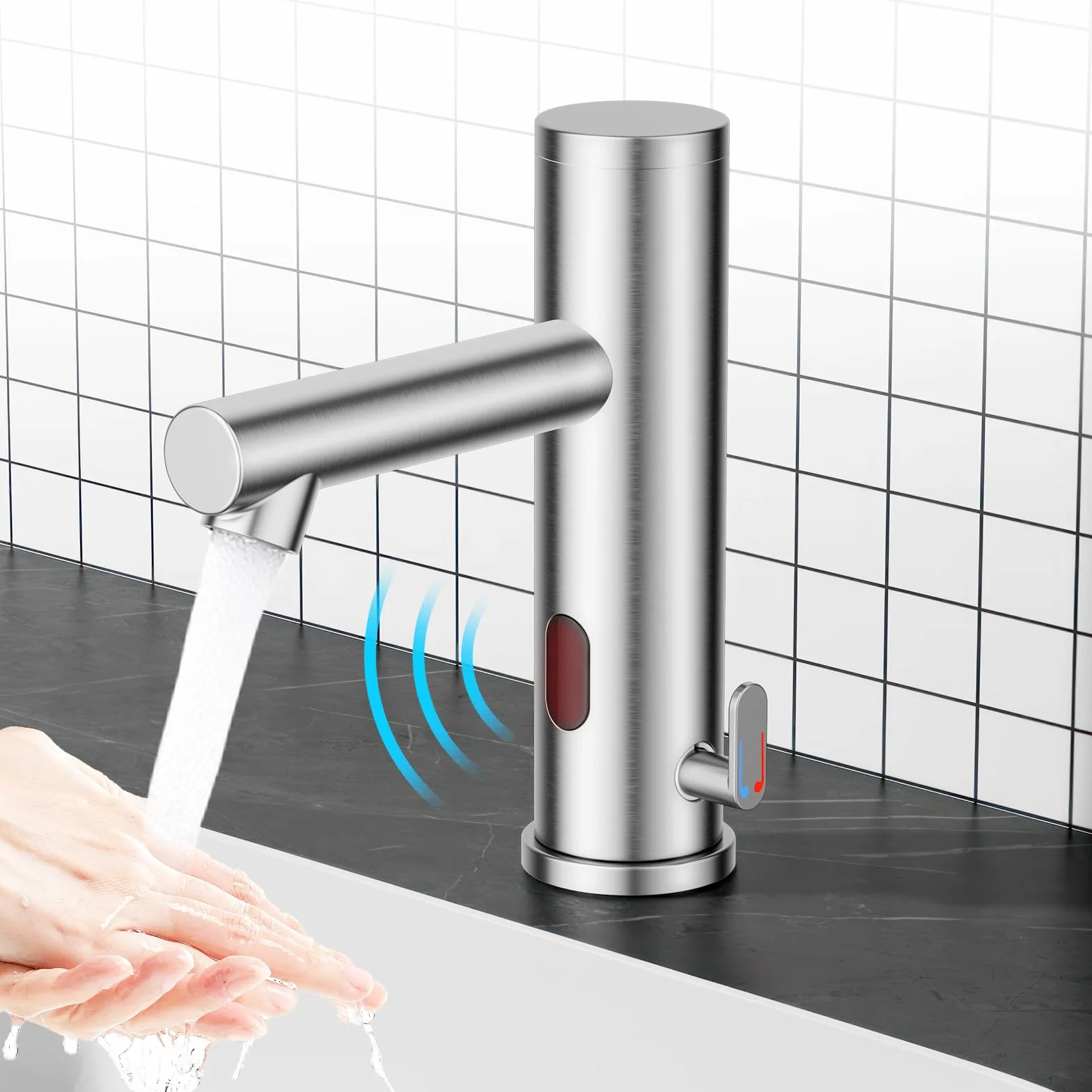 Achelous Grifo de lavabo automático Touchless de acero inoxidable, grifo de lavabo con sensor infrarrojo manos libres con control de temperatura
