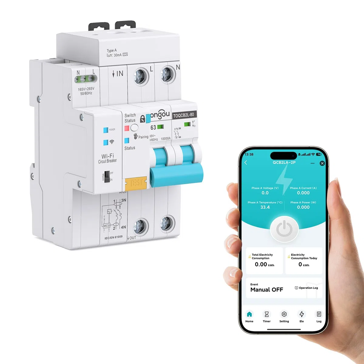 TONGOU WIFI FI-Schutzschalter RCBO 2P 63A 30mA Fi-schutzschalter Leitungsschutzschalter Tipo A para el hogar y enchufes, Icu10kA, montaje DIN, control remoto inteligente