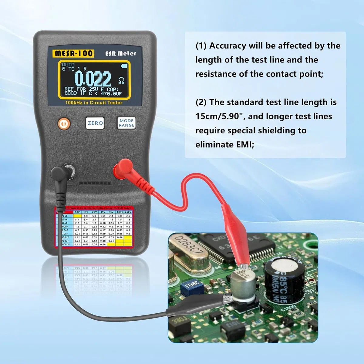 Medidor De Capacitancia, ESR Probador De Capacitancia, MESR-100 Probador De Condensadores De Resistencia Medidor De Ohmios Bajos, 0.001-100R Rango Automático En Circuito Medidor De ESR