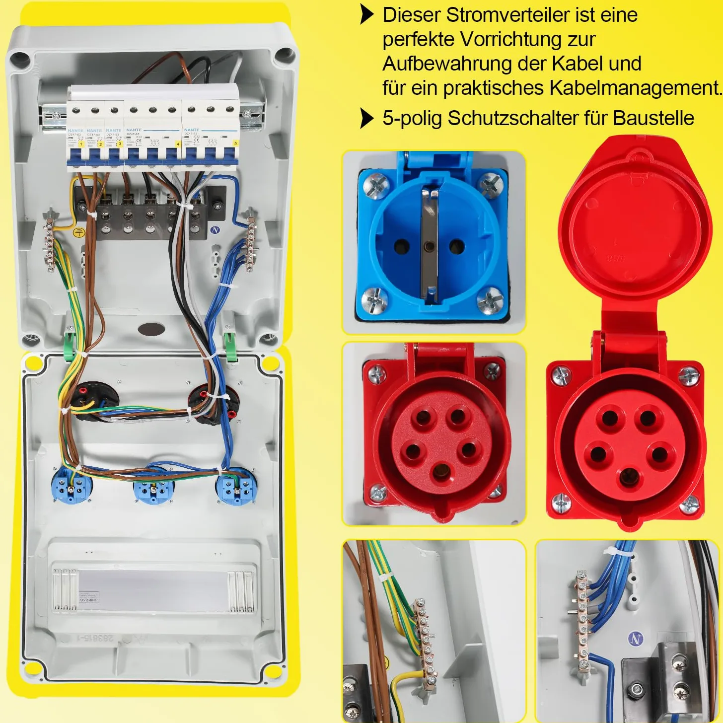 Daromigo Distribuidor de pared con disyuntor de 5 polos con 3 enchufes Schuko y enchufe CEE de 16/32 A, para talleres y fábricas