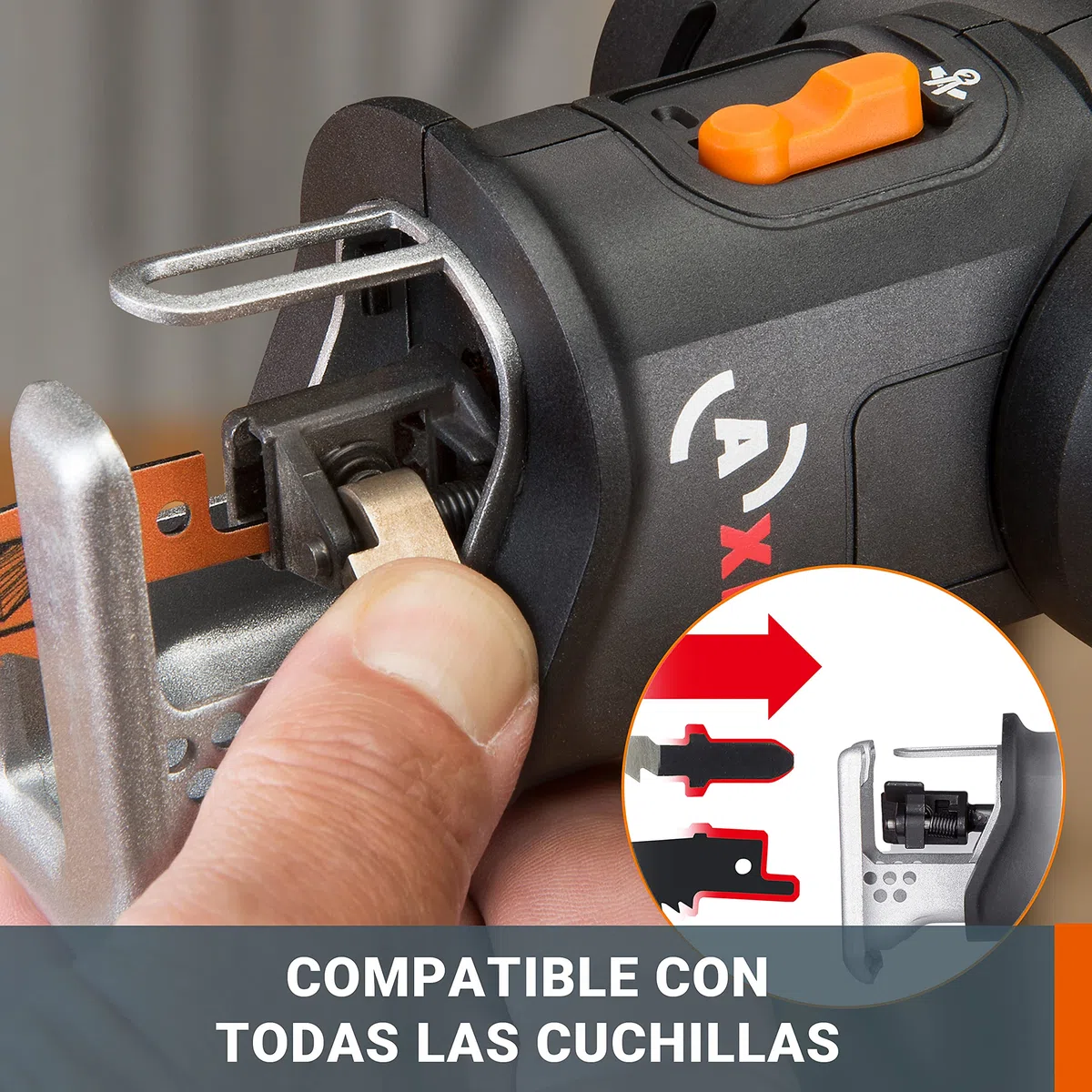 WORX WX550.9 Sierra Calar y Sable AXIS 2 en 1 20V Sin Batería, Cambio Rápido de Hoja, Movimiento Pendular, Soplador, Doble Encendido, LED