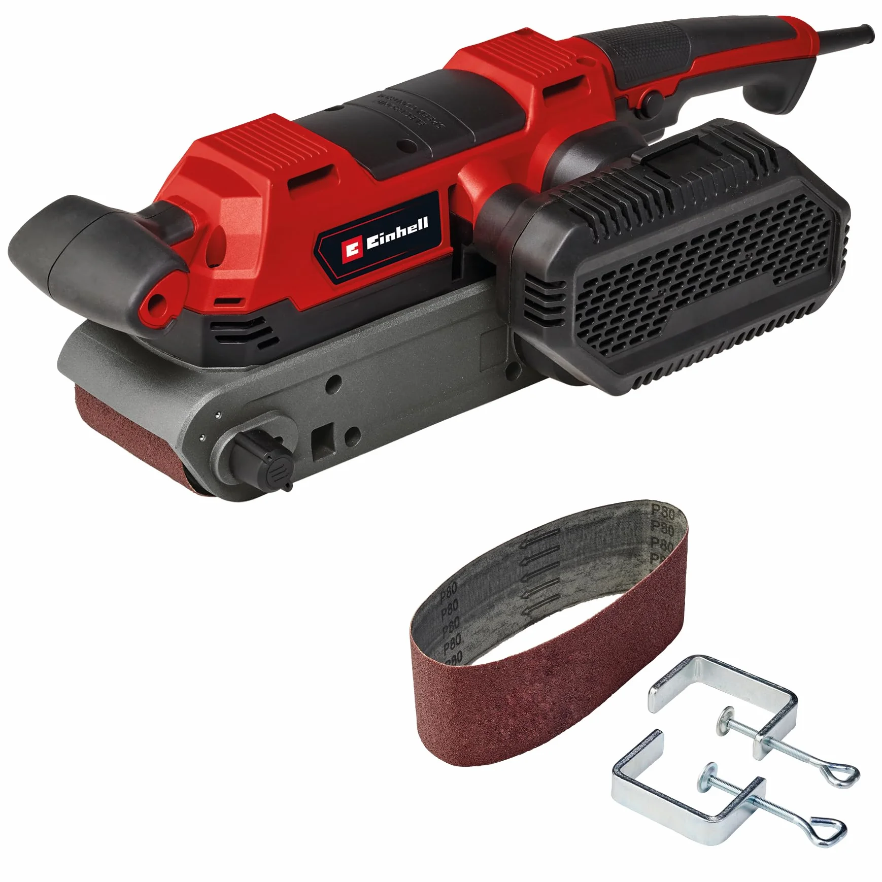 Einhell Lijadora de banda TE-BS 850 E (850 W, velocidad de la cinta abrasiva de 400 m/min, ajuste fino de la marcha de la banda, aspiración de polvo, también para uso estacionario, incl. accesorios)