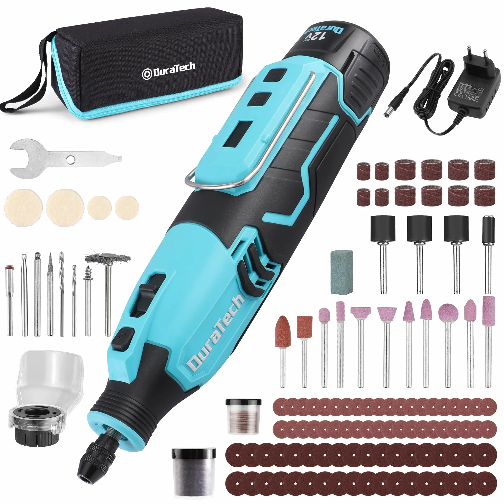 DURATECH Amoladora Inalámbrica de 12V, Multiherramienta Recargable de 35000RPM, Herramienta Rotativa con 118 Accesorios, 7 Velocidades Variables, para Cortar, Tallar, Grabar, Perforar