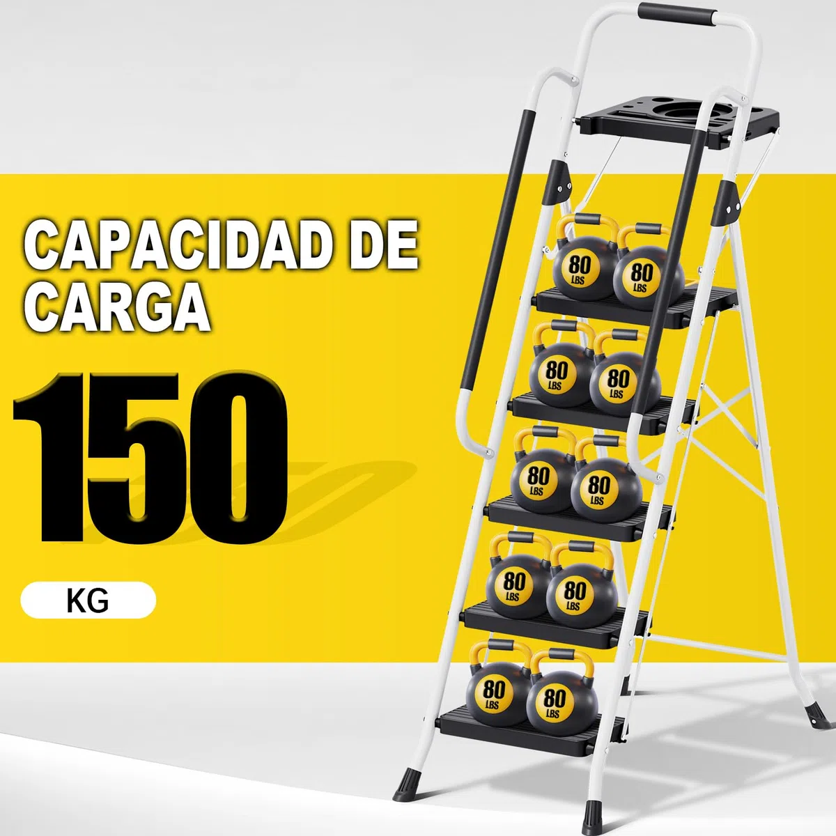 KINGRACK Escalera Plegable 5 Peldaños, Carga hasta 150 kg, con Bloqueo de Seguridad, Pedales Anchos Antideslizantes, Pasamanos, Bandeja de Herramientas Escalera Doméstica Hogar Oficina Armarios Blanco