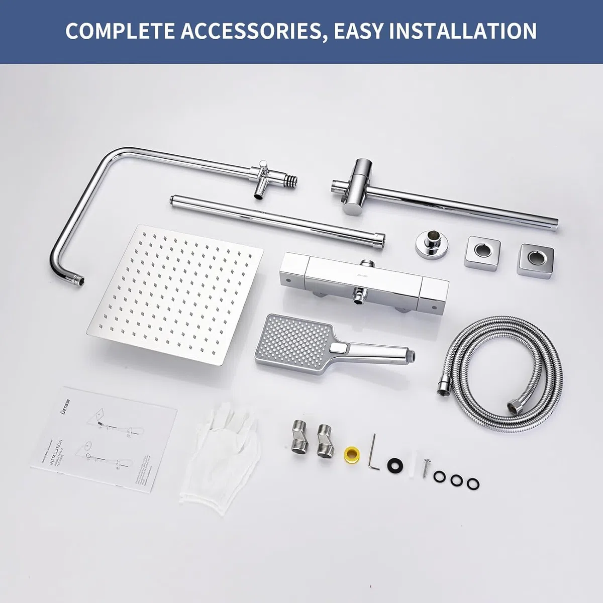 Columna Ducha Termostática, DETBOM Set de Ducha Cuadrado Acero Inox, Cabezal de Ducha de Lluvia, Barra Ducha de Altura Ajustable, Cromada