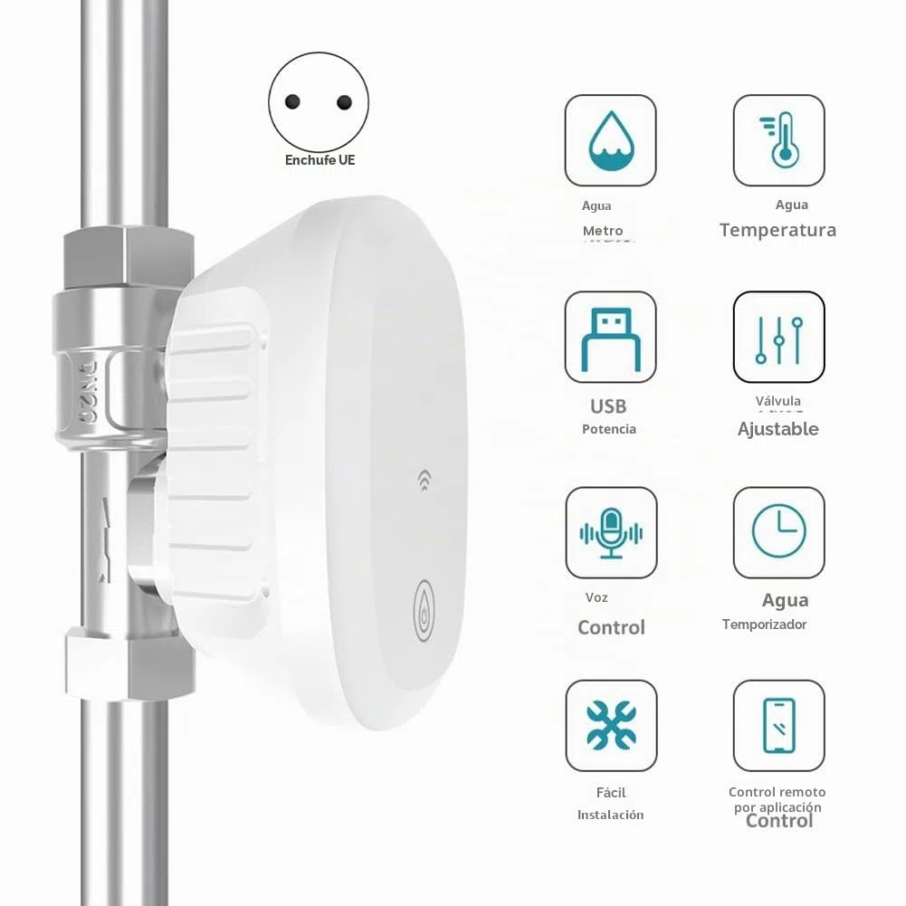 Tuya Smart WiFi - Válvula de agua con contador de agua, caudal de agua, indicador de temperatura del agua, controlador de aplicación inteligente, enchufe europeo