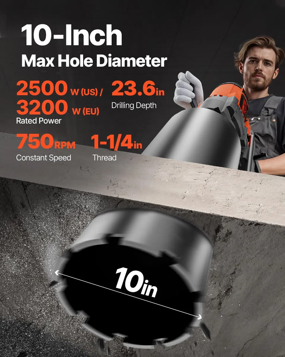 VEVOR Taladro de Diamante Diámetro Máximo de 26 cm Máquina Perforadora de Diamante Profundidad de 60 cm Taladradora Diamantina Húmeda 3200 W 750 rpm para Agujeros Construcción de Hormigón Armado