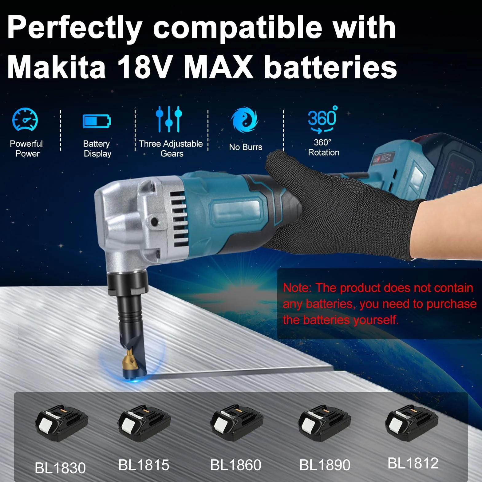 Nibbler de chapa con batería compatible con Makita 18 V, 950 W Cordless Metal Nibbler, 1900SPM Tijeras de chapa eléctricas, picadora de metal, 3 niveles ajustables al acero inoxidable, hierro