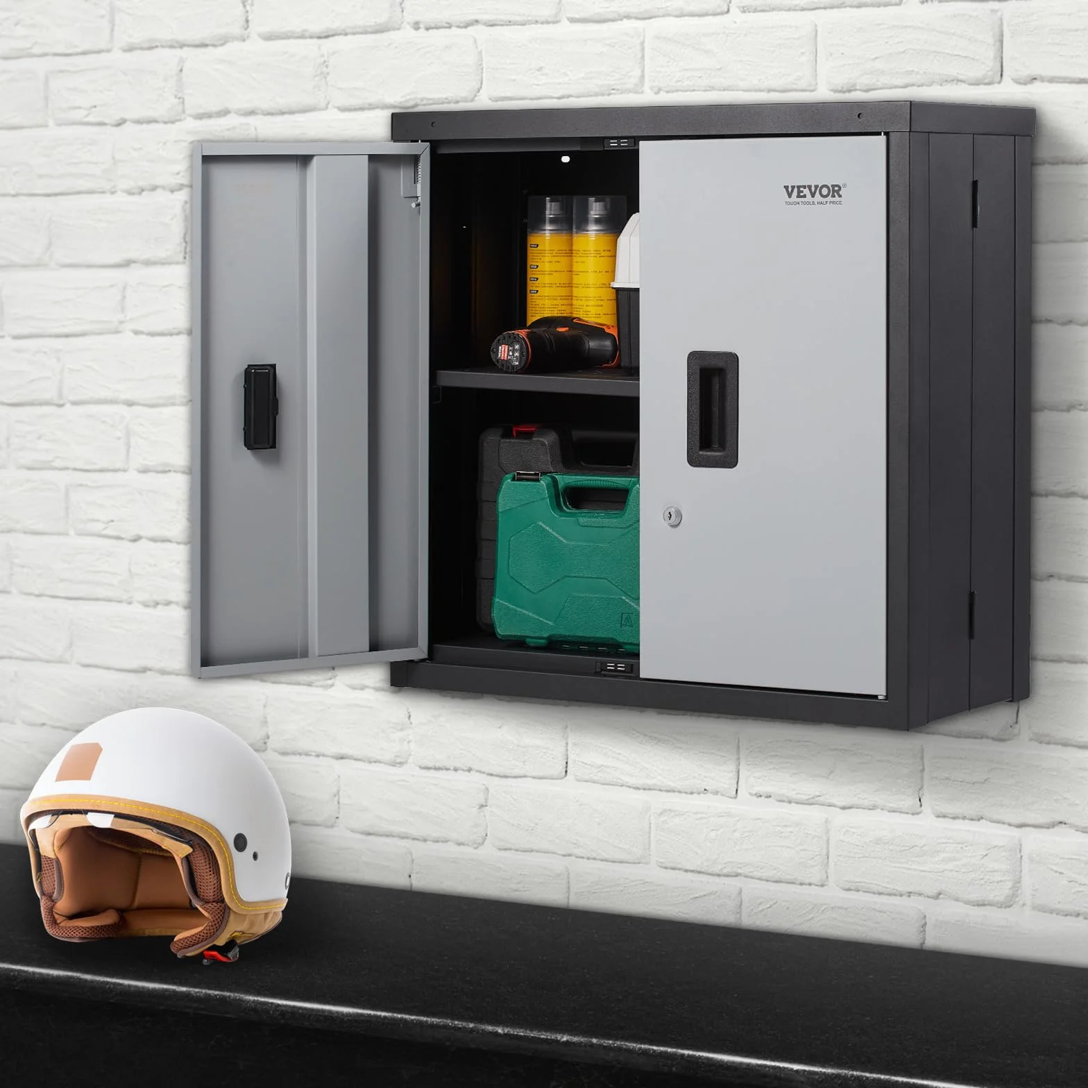 VEVOR Gabinete de Almacenamiento para Garaje 660x305x660 mm Armario de Herramientas Montado en Pared, Carga Total de 108,8 kg Estante Ajustable con Puerta Magnética para Taller, Almacén, Hogar, Negro