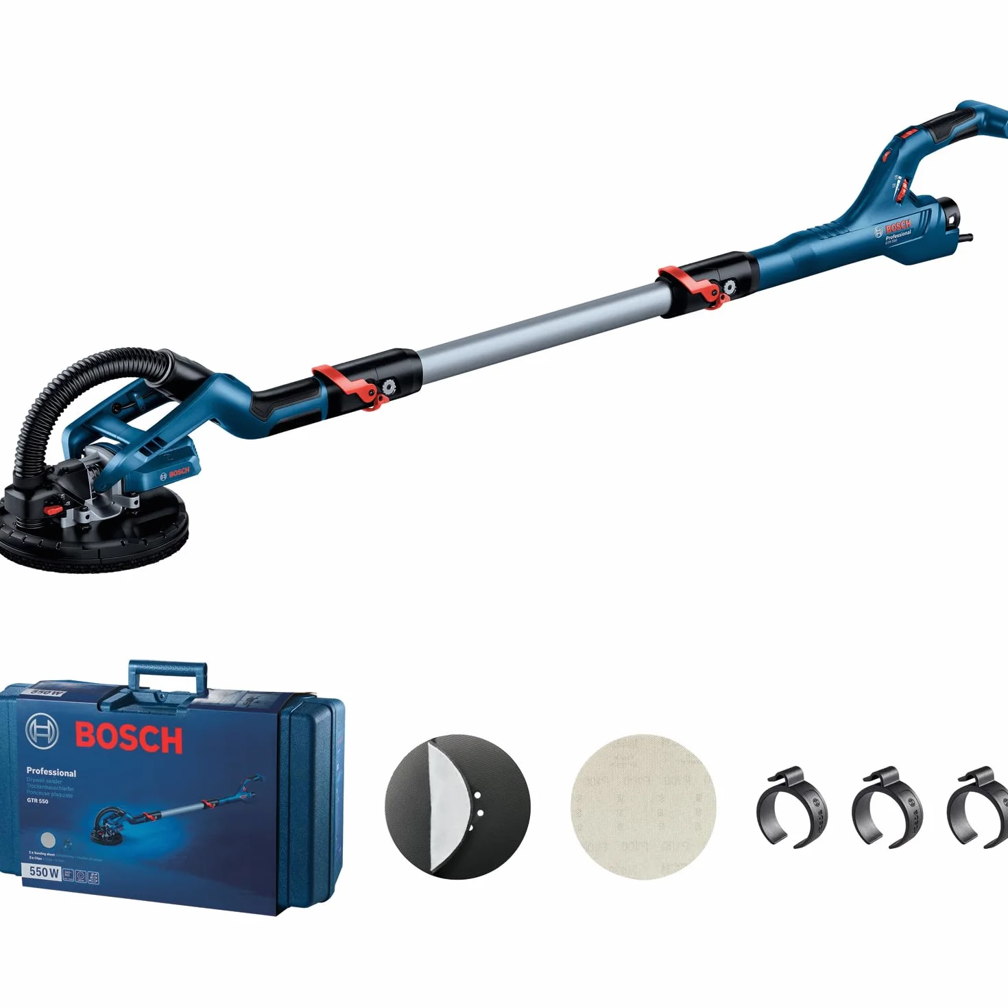 Bosch Professional lijadora de pared GTR 55-225 (550 W, plato lijador Ø 215 mm, incl. 1 disco de lijado M480, 1 set de plato lijador blando, 3 clips para cables, maletín)