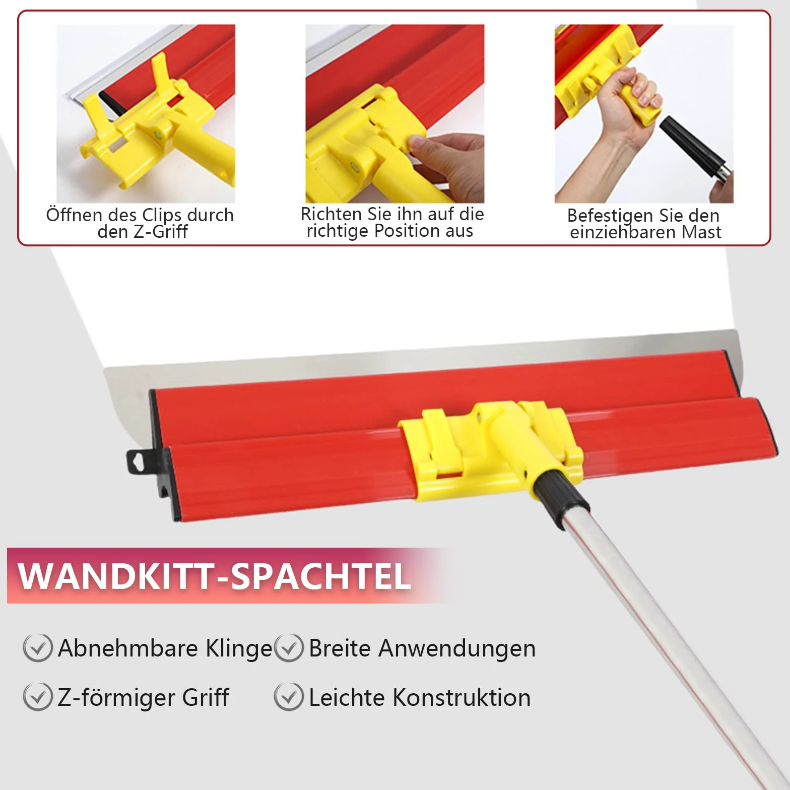 Juego de espátulas de superficie, 11 espátulas (4 herramientas y 4 hojas de acero inoxidable intercambiables, barra telescópica de 1,2 m y caja de transporte), mango ergonómico, para enyesar paredes y