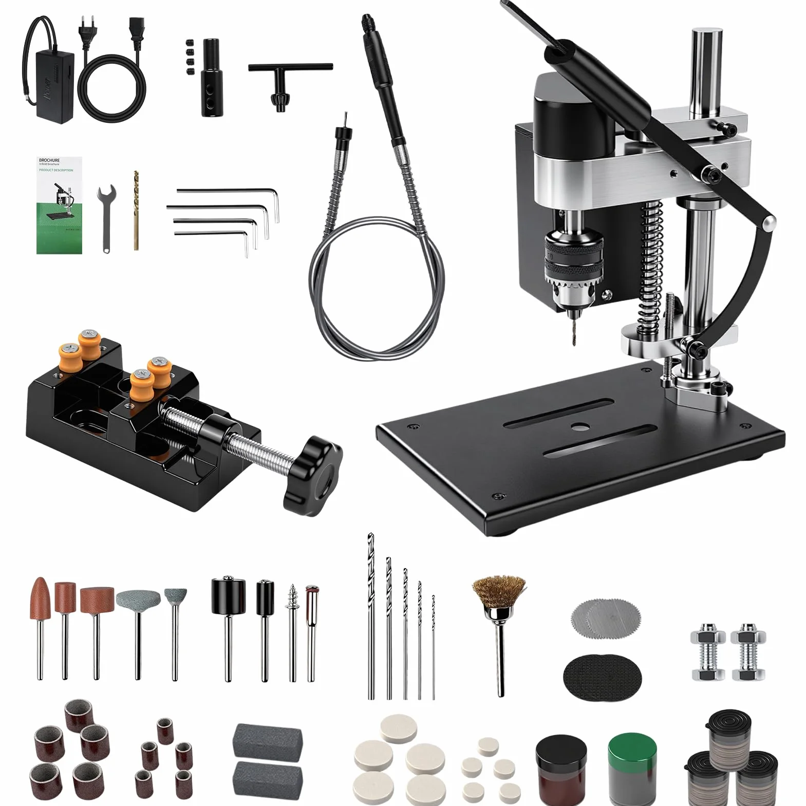Mini Taladro de Banco, Taladro de Columna 200 W, 7 Velocidades Ajustables, Ajuste de Altura 50 mm, Portabrocas 0,6-6 mm, Carrera de Perforación 50 mm, Motor 775 para Metal, Madera, Acrílico y Aluminio