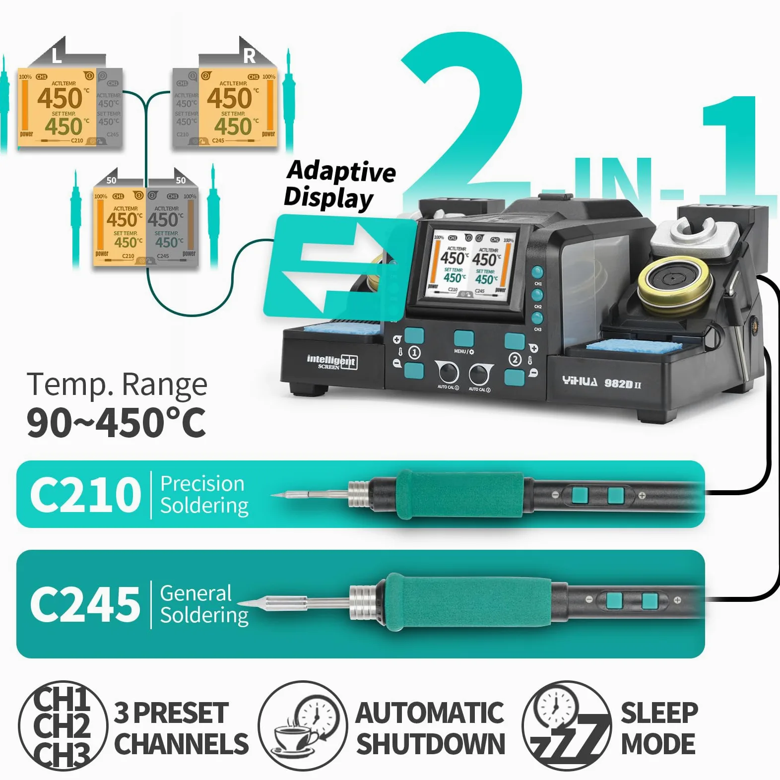 YIHUA 982D-II 2-EN-1 Estación de Soldadura Digital de Precisión Soldador estaño con soldadores de precisión C210 y C245, Calibración Automática, Pantalla Adaptativa, Calentamiento Rápido