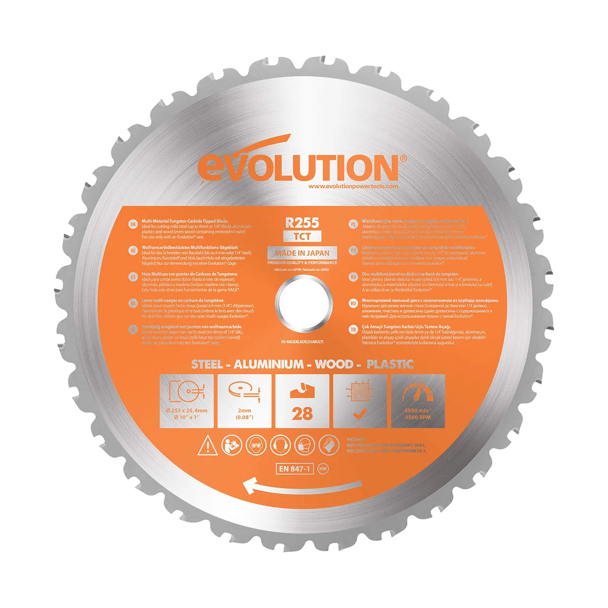 Evolution Power Tools - R255TCT Hoja de sierra multiuso con punta de acero de carburo RAGE, Corta acero dulce, aluminio, plástico, incluso madera con clavos incrustados, 255 mm