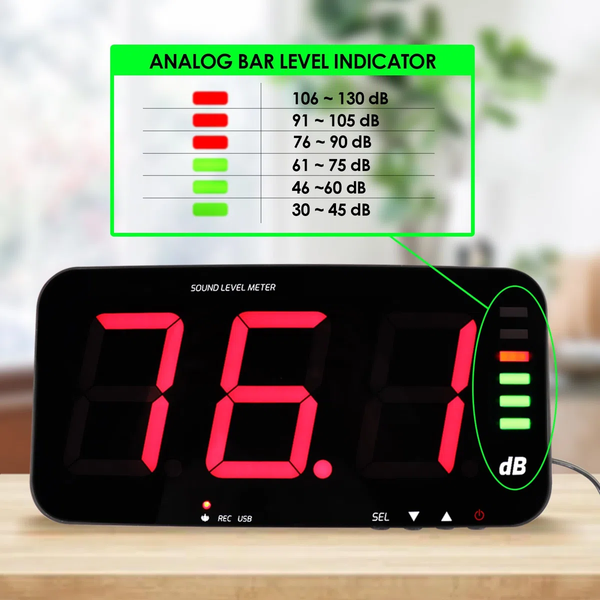 Medidor de Decibel, medidor de nivel de sonido para colgar en la pared, medidor de ruido con sensor de sonido de 16.4 pies, medidor de sonido de alarma audible y visual para monitoreo de nivel de