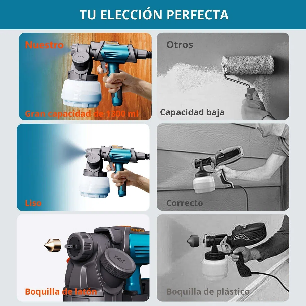 Tilswall Shark800 Pistola Pintura, Pulverizador de Pintura HVLP 800W, 4 Boquillas y 3 Patrones, Contenedor de Pintura con Recarga Lateral, 120 DIN-s Pistola de Pintura, para Vallas, Jardín y Muebles