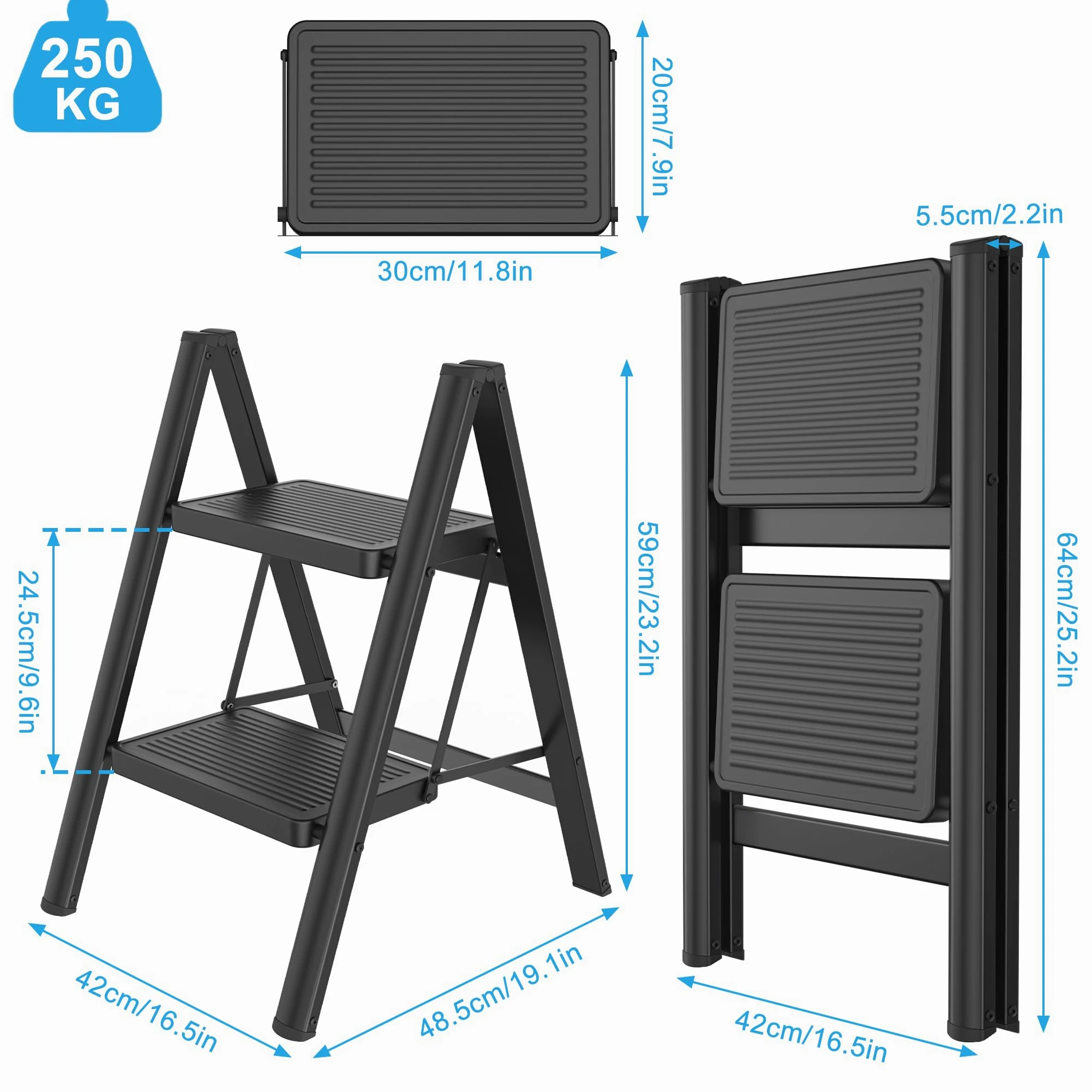 Aufun Escalera plegable de 2 peldaños con pedal antideslizante ancho, escalera multifuncional para el hogar, fácil de guardar, con capacidad de carga hasta 270 kg, escalera de peldaños para el hogar