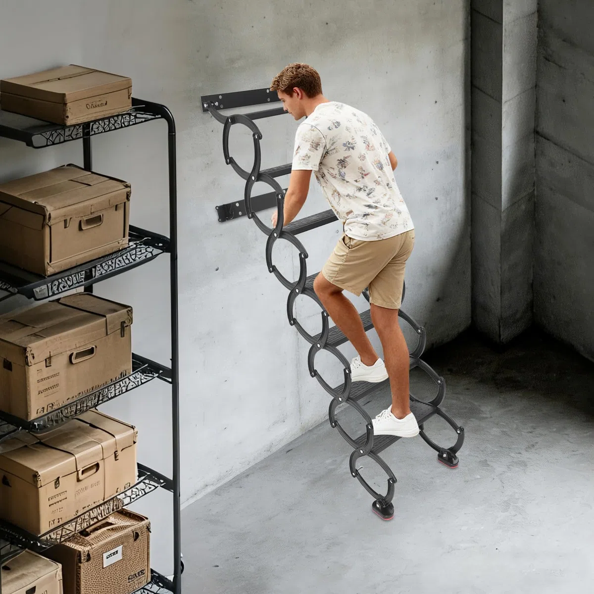 Escalera para el ático, 7 escalones Escalera plegable extensible montada en la pared, Escalera de ático montada en la pared, escalera de desván con escalones antideslizantes, escaleras