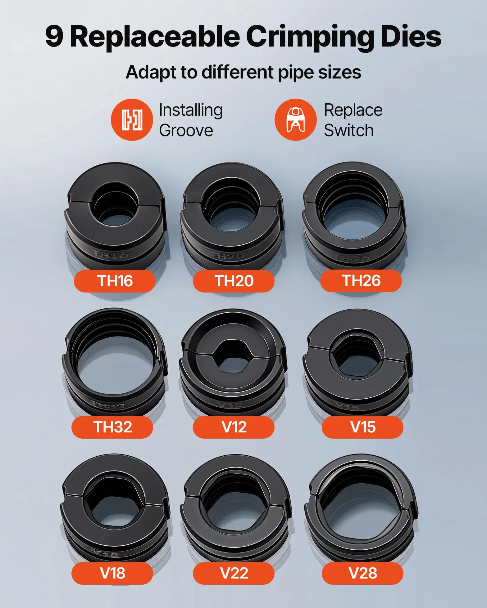 VEVOR Alicates de Prensa Hidráulica para Tuberías, con 4 Mordazas TH16 TH20 TH26 TH32 para Tubos de PEX y Aluminio-Plástico, 5 Mordazas V12 V15 V18 V22 V28 para Tubos de Acero Inoxidable, con Estuche