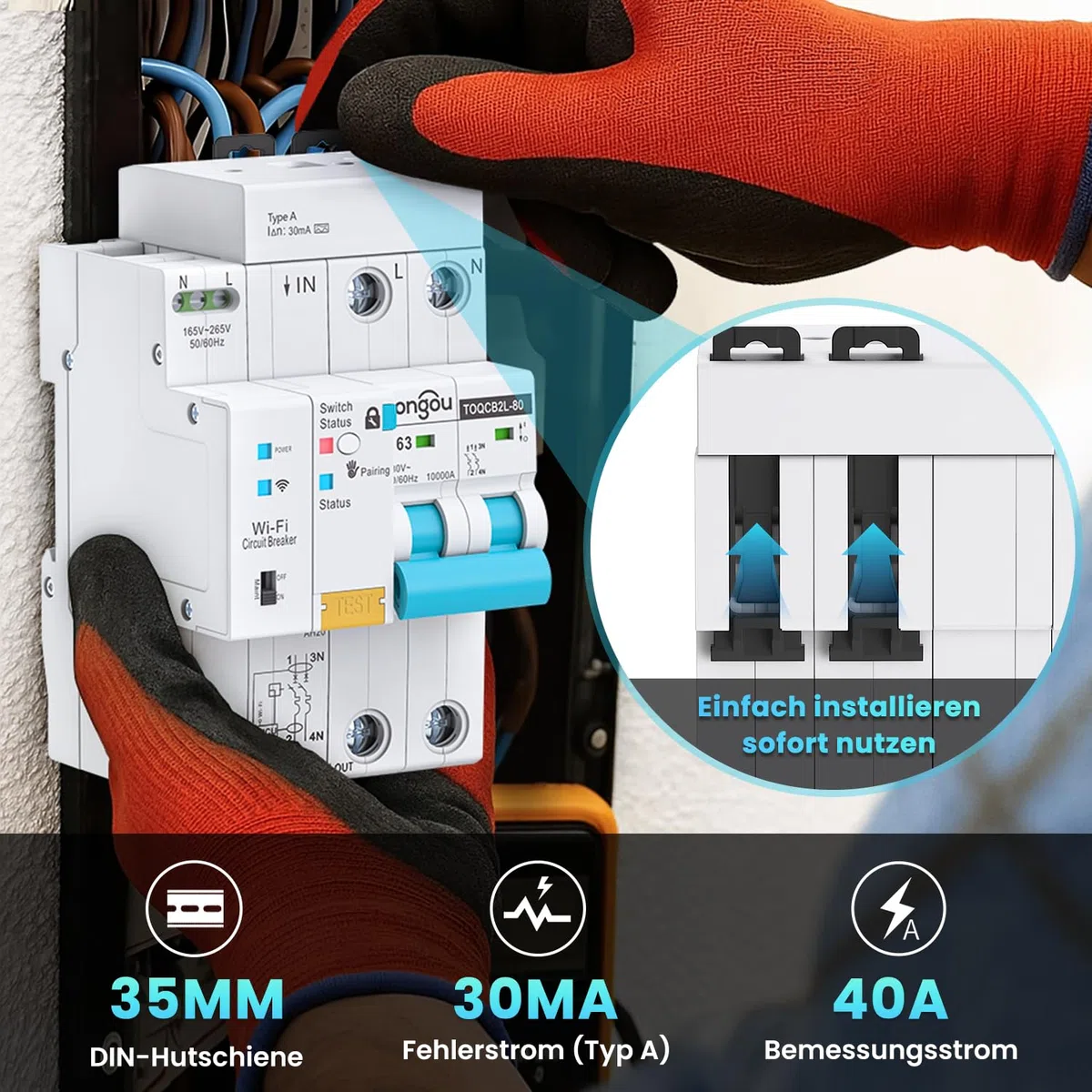TONGOU WIFI FI-Schutzschalter RCBO 2P 63A 30mA Fi-schutzschalter Leitungsschutzschalter Tipo A para el hogar y enchufes, Icu10kA, montaje DIN, control remoto inteligente